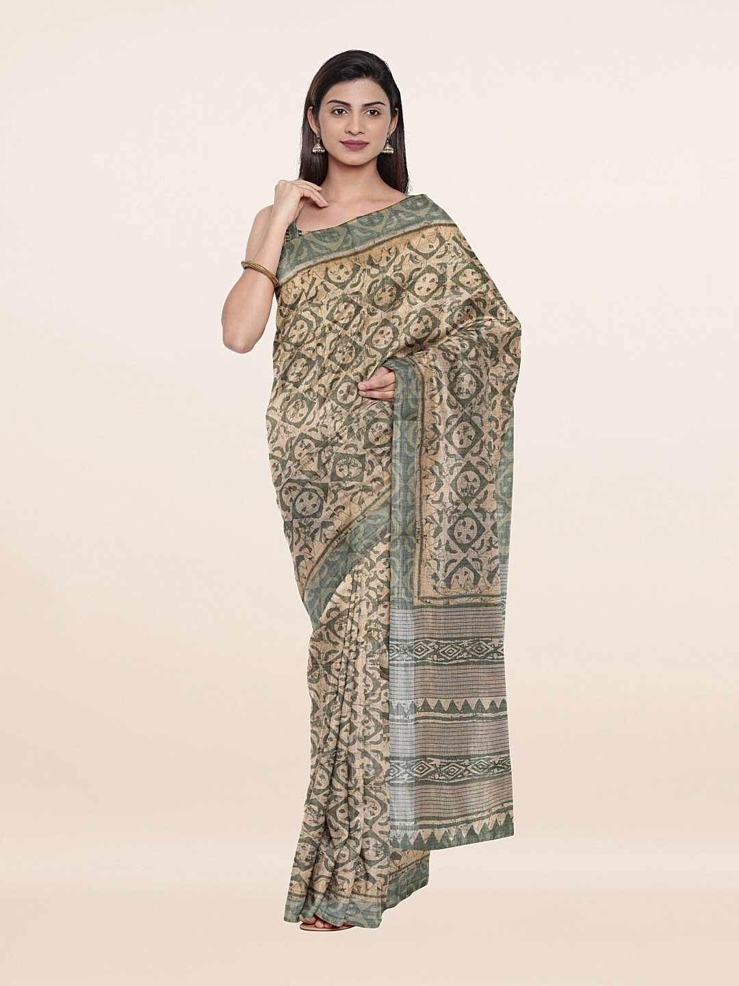 

Pothys Green & Cream-Coloured Batik Art Silk Saree