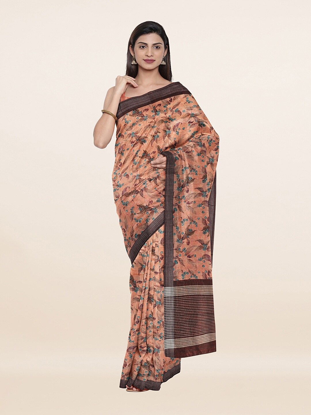 

Pothys Peach-Coloured & Blue Floral Zari Art Silk Saree