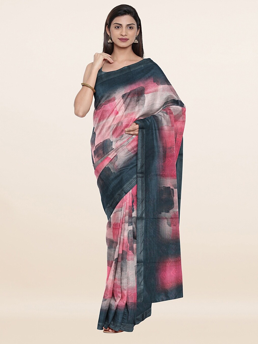 

Pothys Pink & Navy Blue Zari Pure Linen Saree