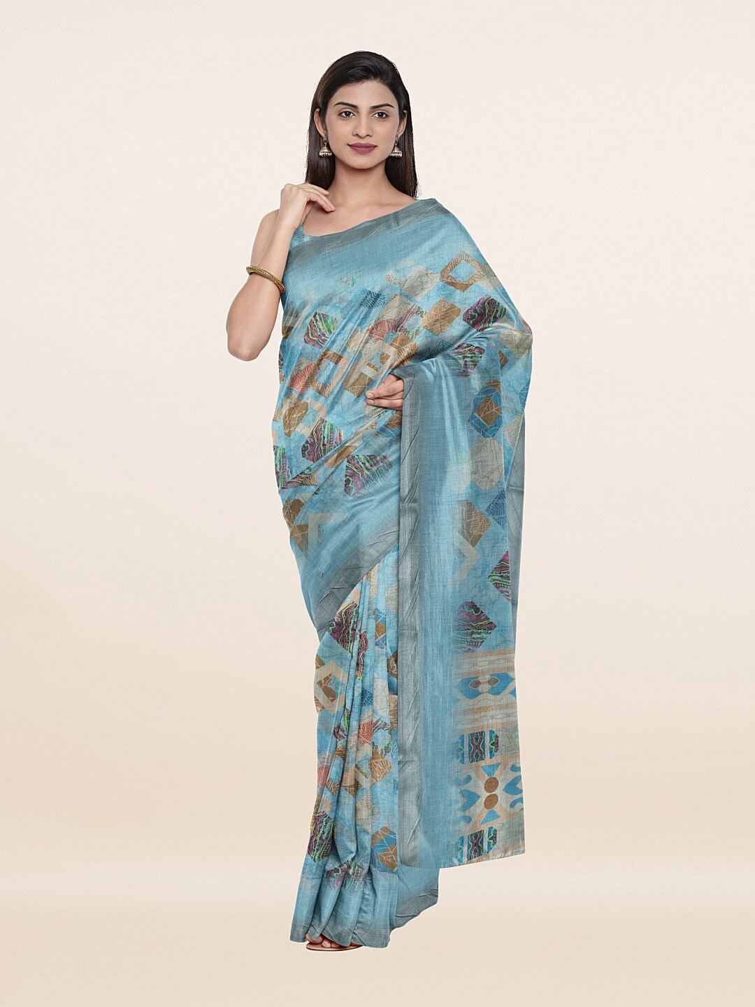 

Pothys Blue & Brown Zari Pure Linen Saree