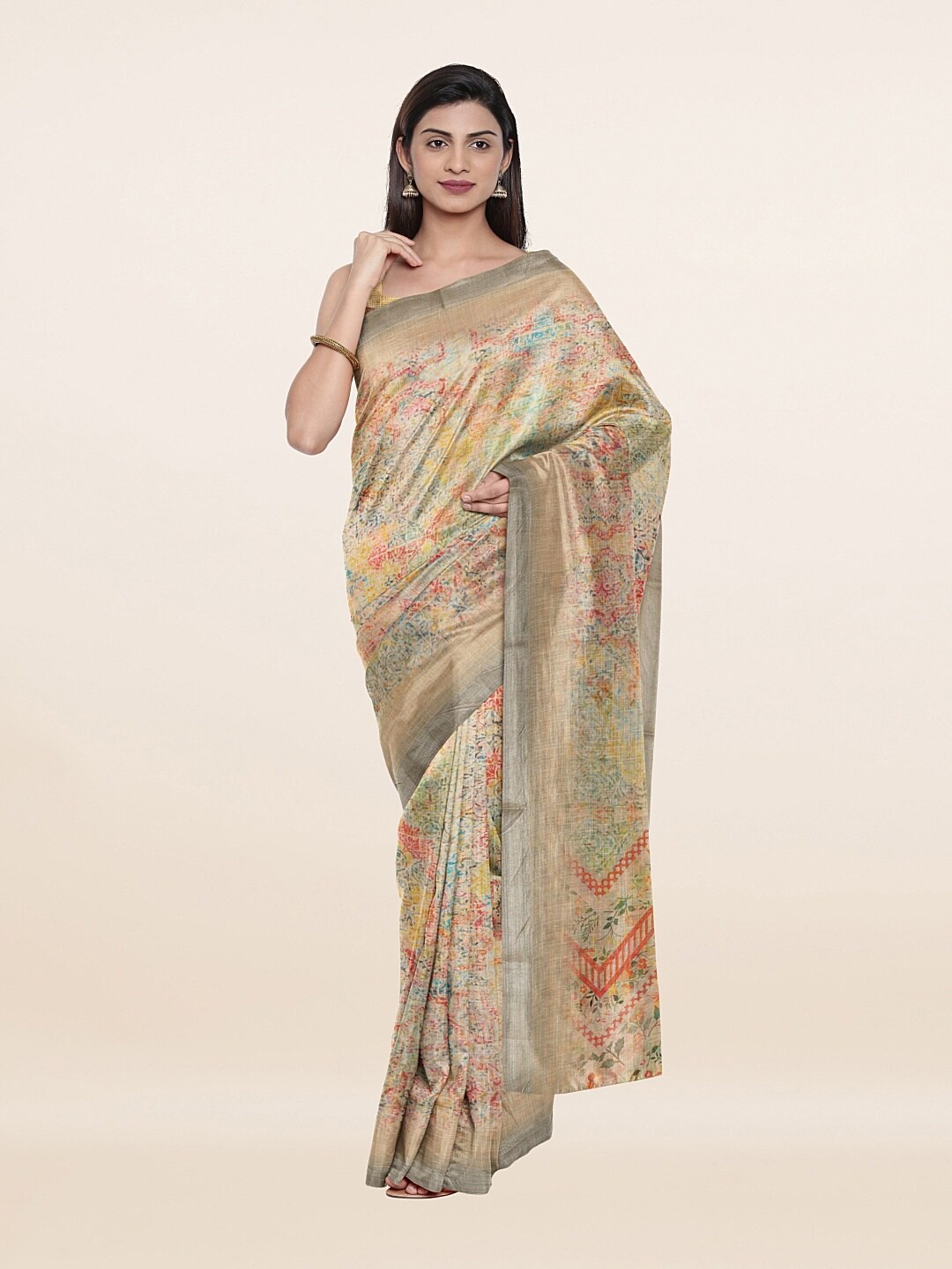

Pothys Red & Green Floral Zari Pure Linen Saree