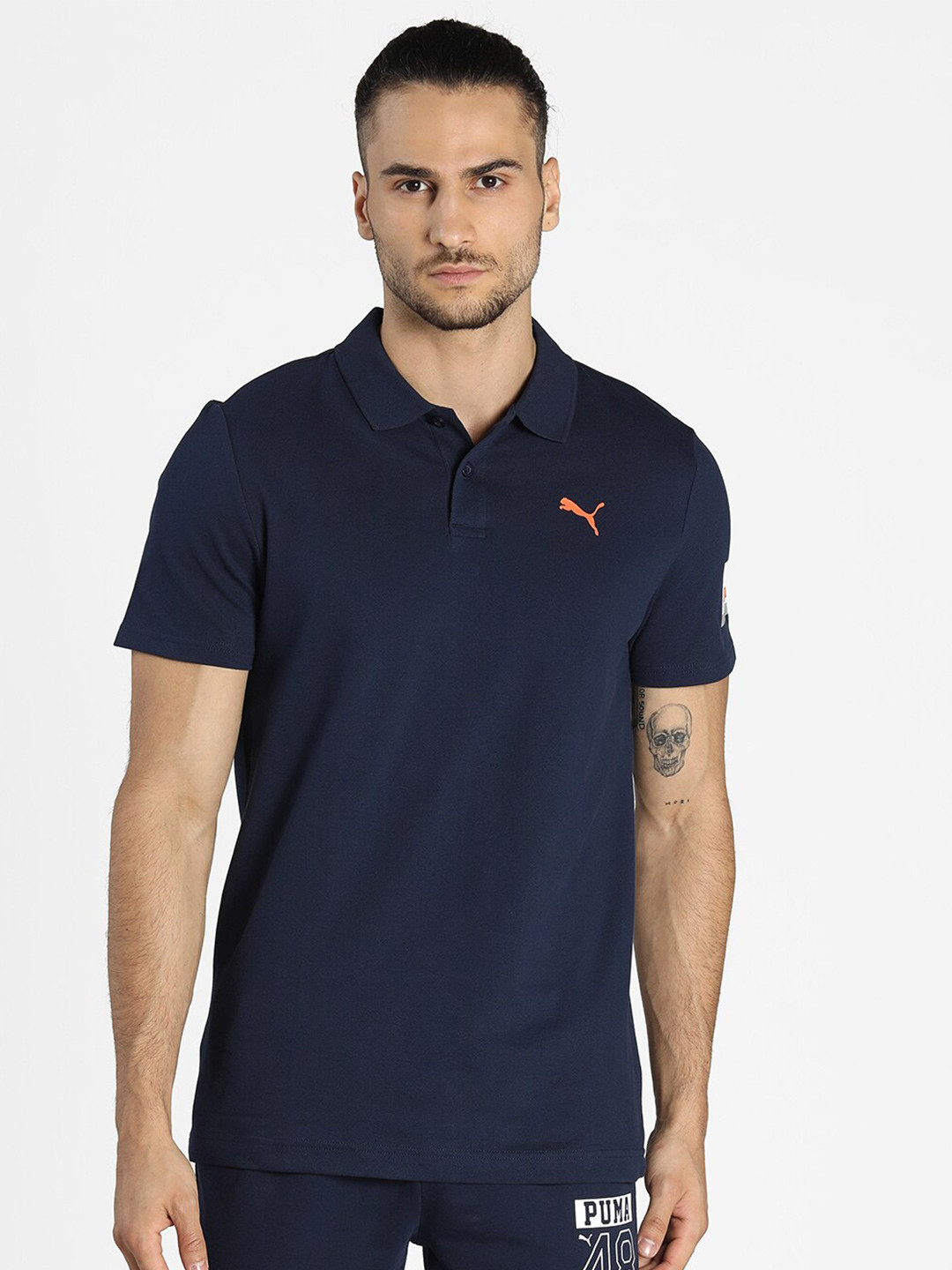 

Puma Men Blue Solid Polo Collar Slim Fit Cotton T-shirt
