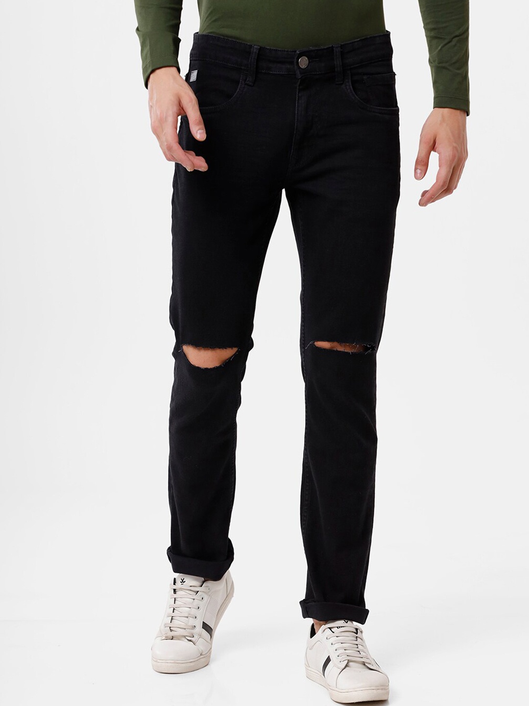 

WROGN Men Charcoal Grey Tapered Fit Slash Knee Jeans