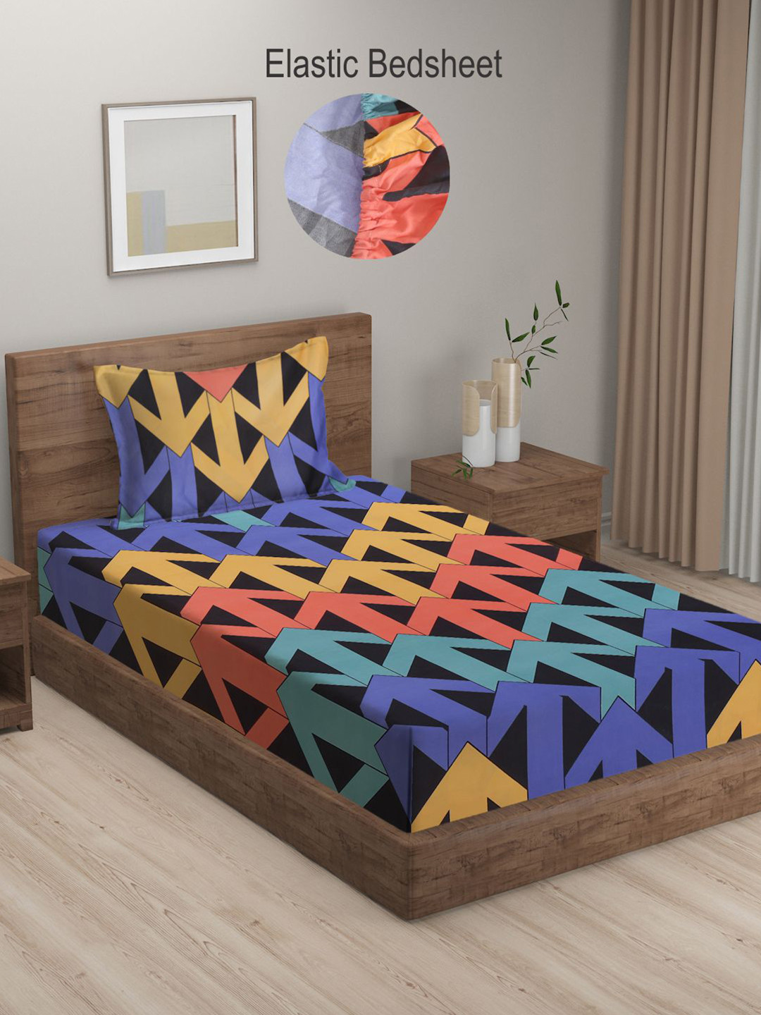

KLOTTHE Blue & Orange Geometric 300 TC Elasticated Single Bedsheet with Pillow cover