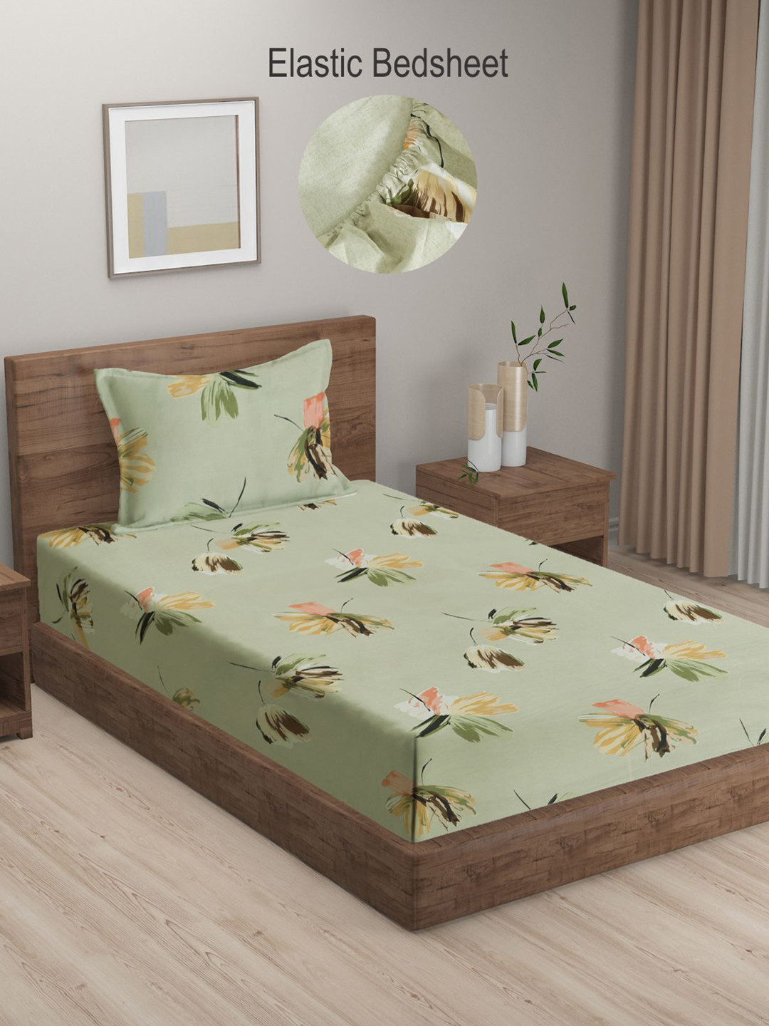 

KLOTTHE Green & White Floral Cotton Blend 300 TC Fitted Single Bedsheet with Pillow cover