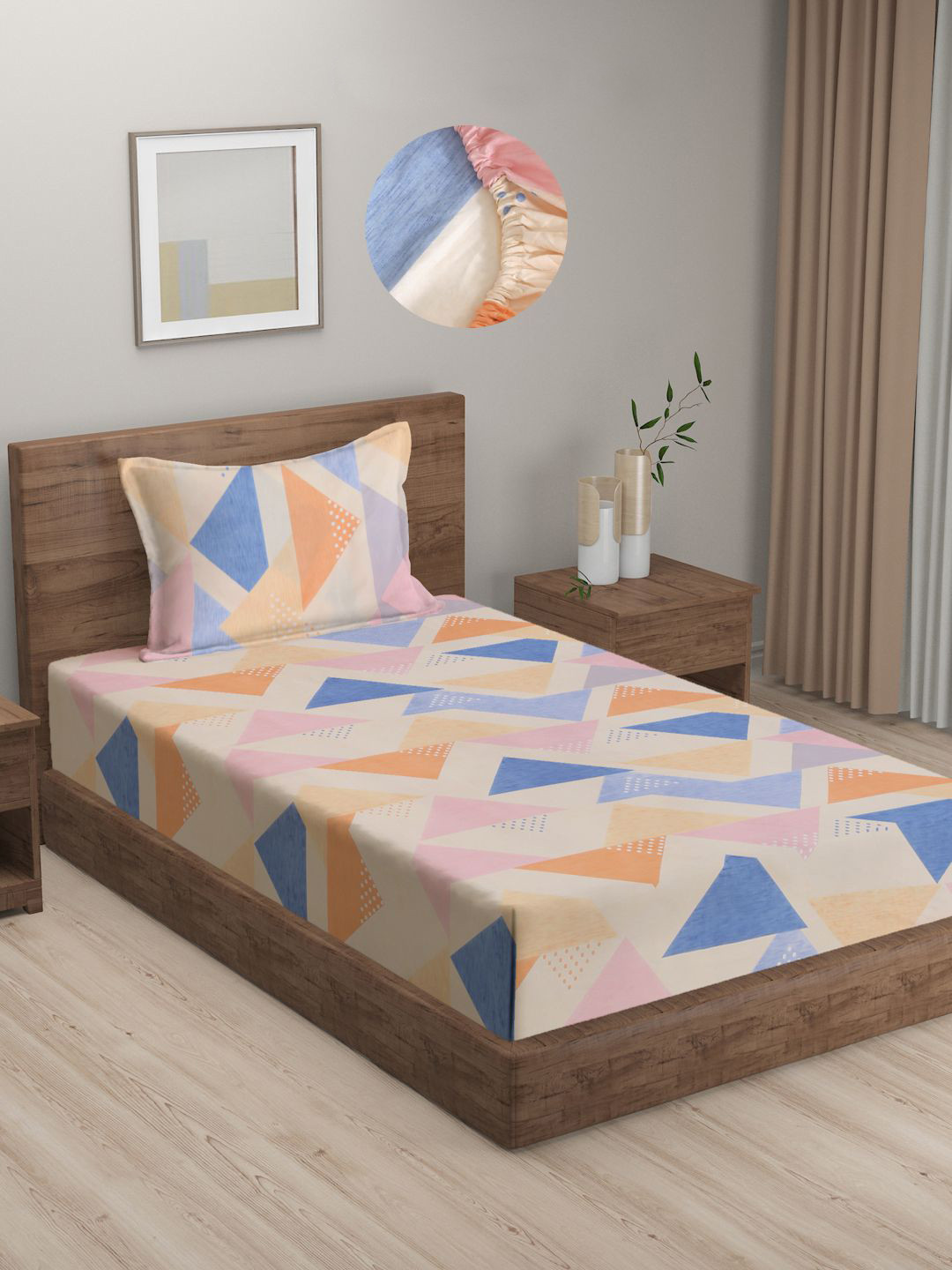 

KLOTTHE Multicoloured Geometric 300 TC Elasticated Single Bedsheet with Pillow cover, Multi