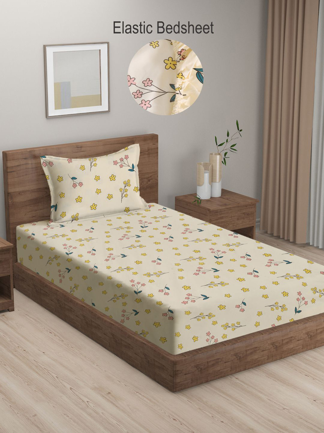 

KLOTTHE Cream Floral 300 TC Fitted Single Bedsheet with Pillow cover