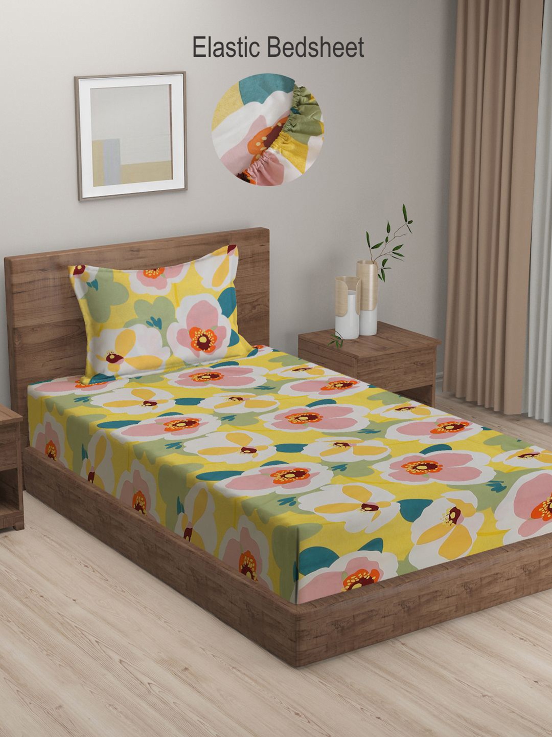 

KLOTTHE Multi Floral Cotton Blend 300 TC Elasticated Single Bedsheet with Pillow cover