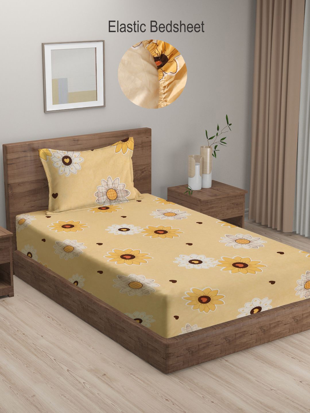 

KLOTTHE Yellow & White Floral 300 TC Fitted Single Bedsheet with 1 Pillow Covers