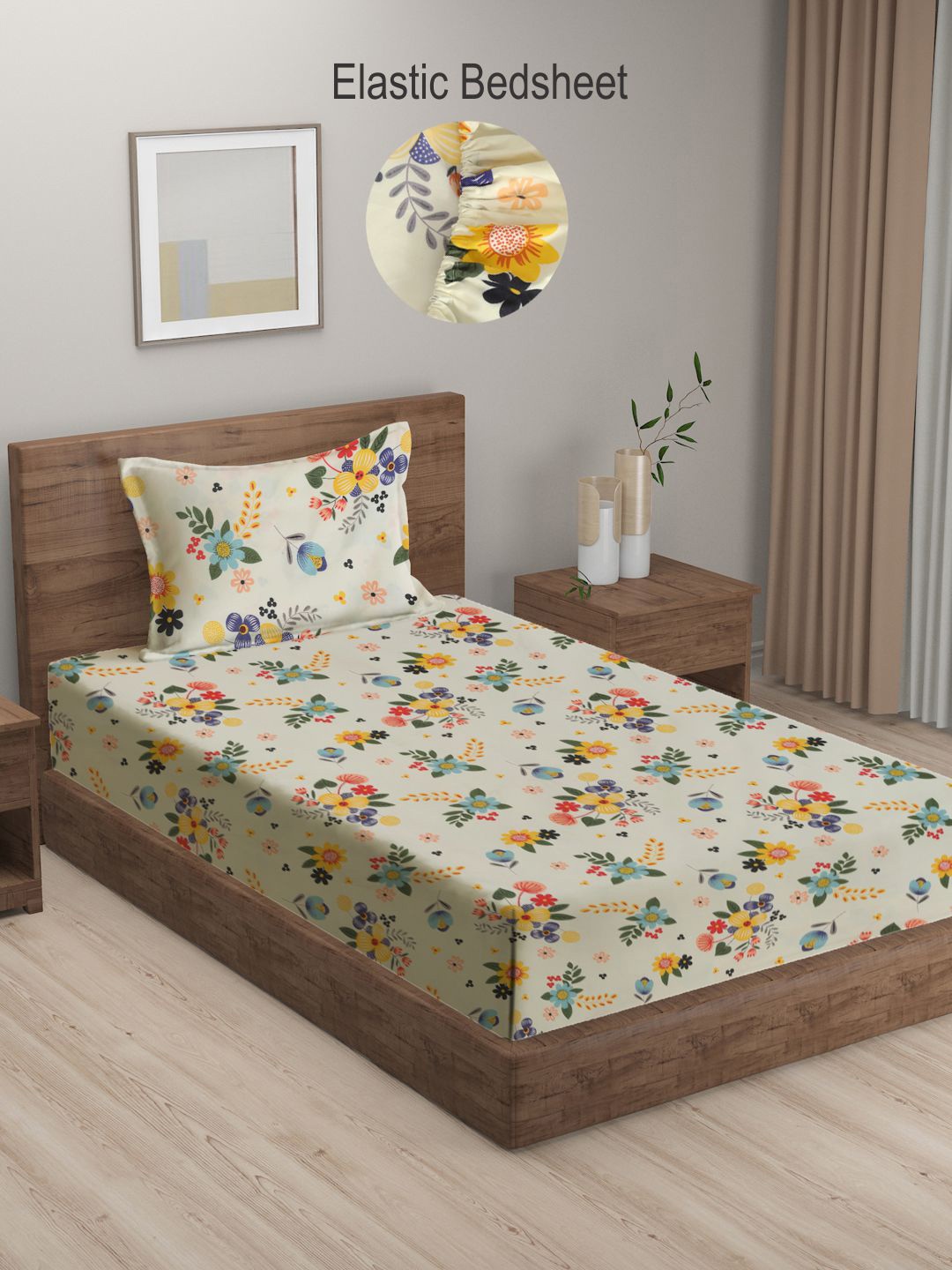 

KLOTTHE Multi Floral Cotton Blend 300 TC Elasticated Single Bedsheet with Pillow cover, Cream