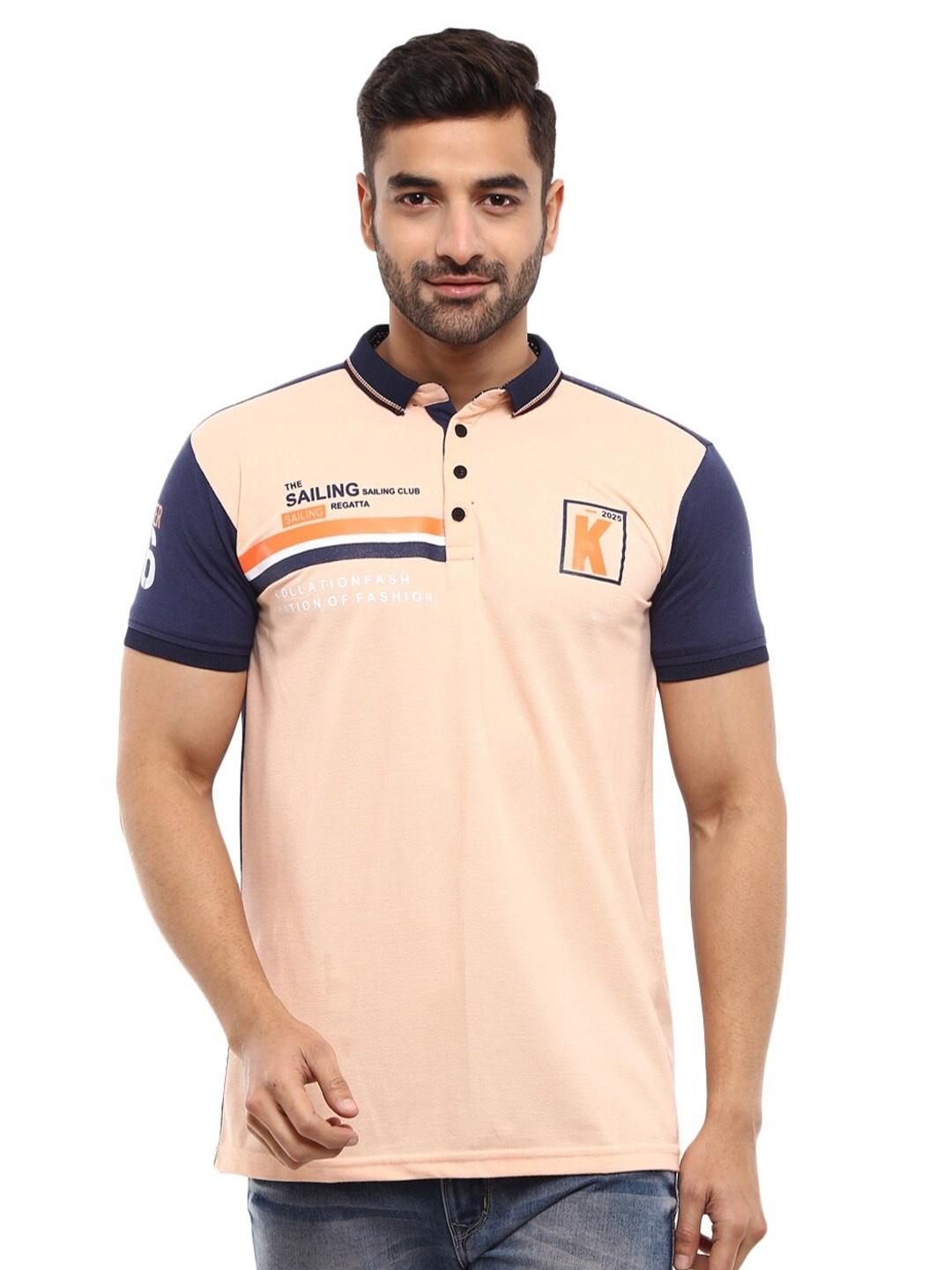 

V-Mart Men Peach-Coloured & antique white Polo Collar Applique Slim Fit Outdoor T-shirt