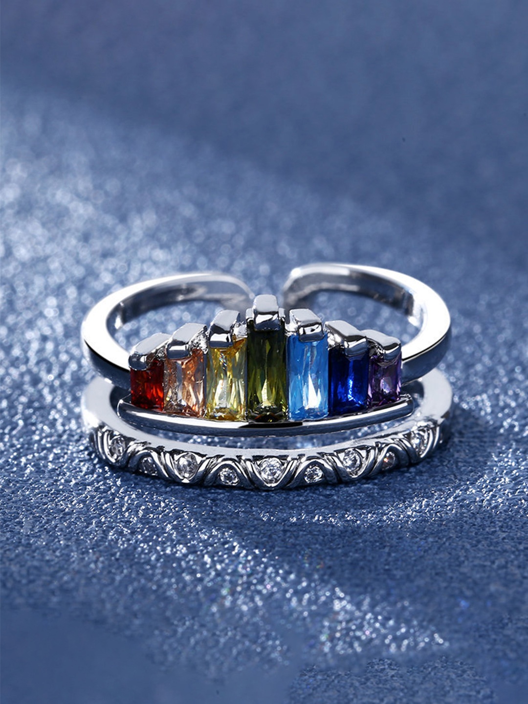 

Unwind by Yellow Chimes Silver-Plated White & Blue Crystal-Studded Finger Ring