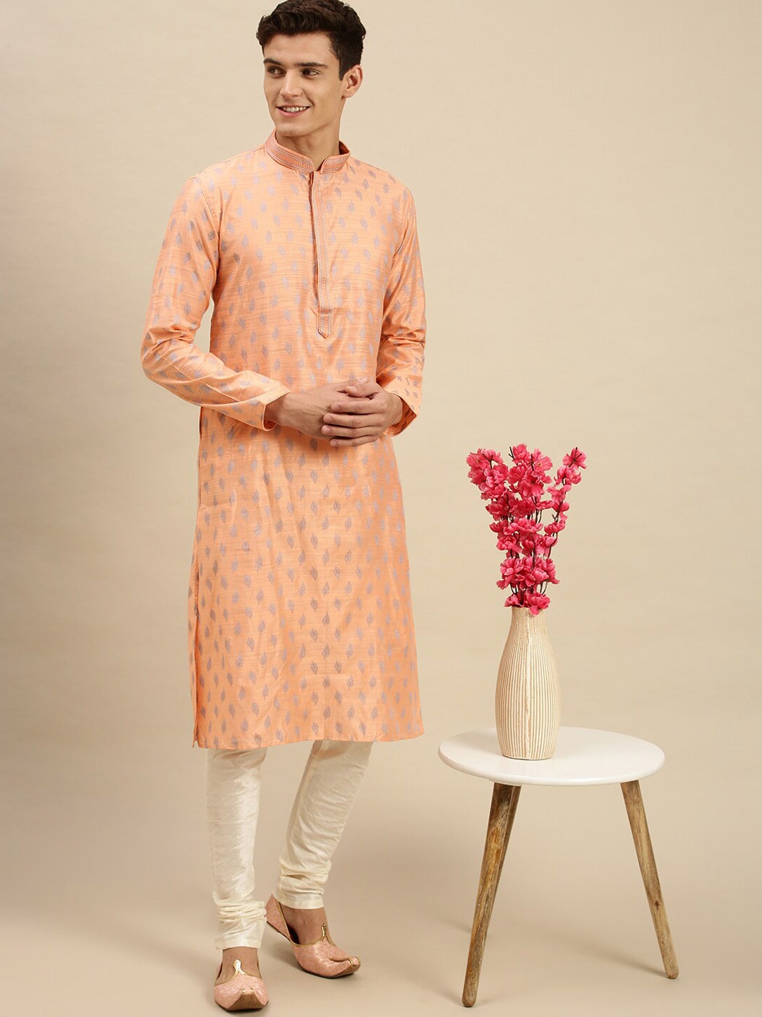 

Sanwara Men Pink Pastels Jacquard Kurta