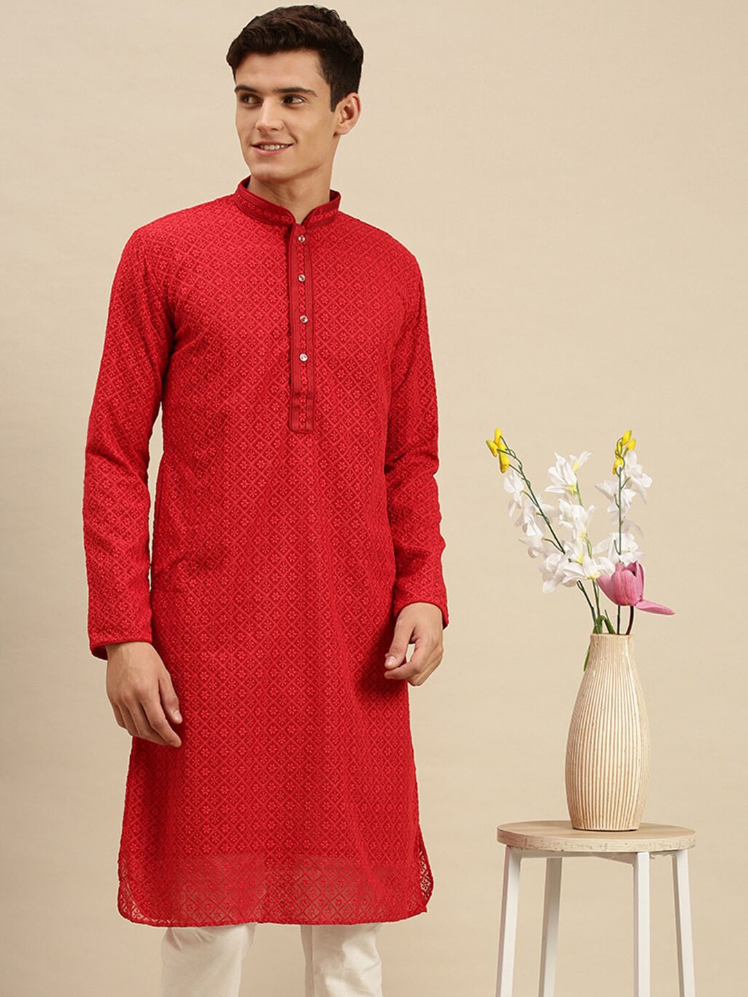 

Sanwara Men Red Chikankari Embroidery Kurta