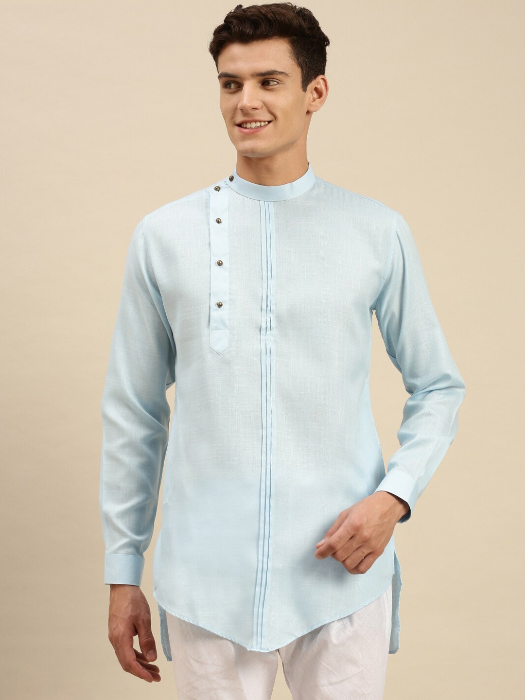 

Sanwara Men Blue Dyed Flared Sleeves Thread Work Pastels Kurta