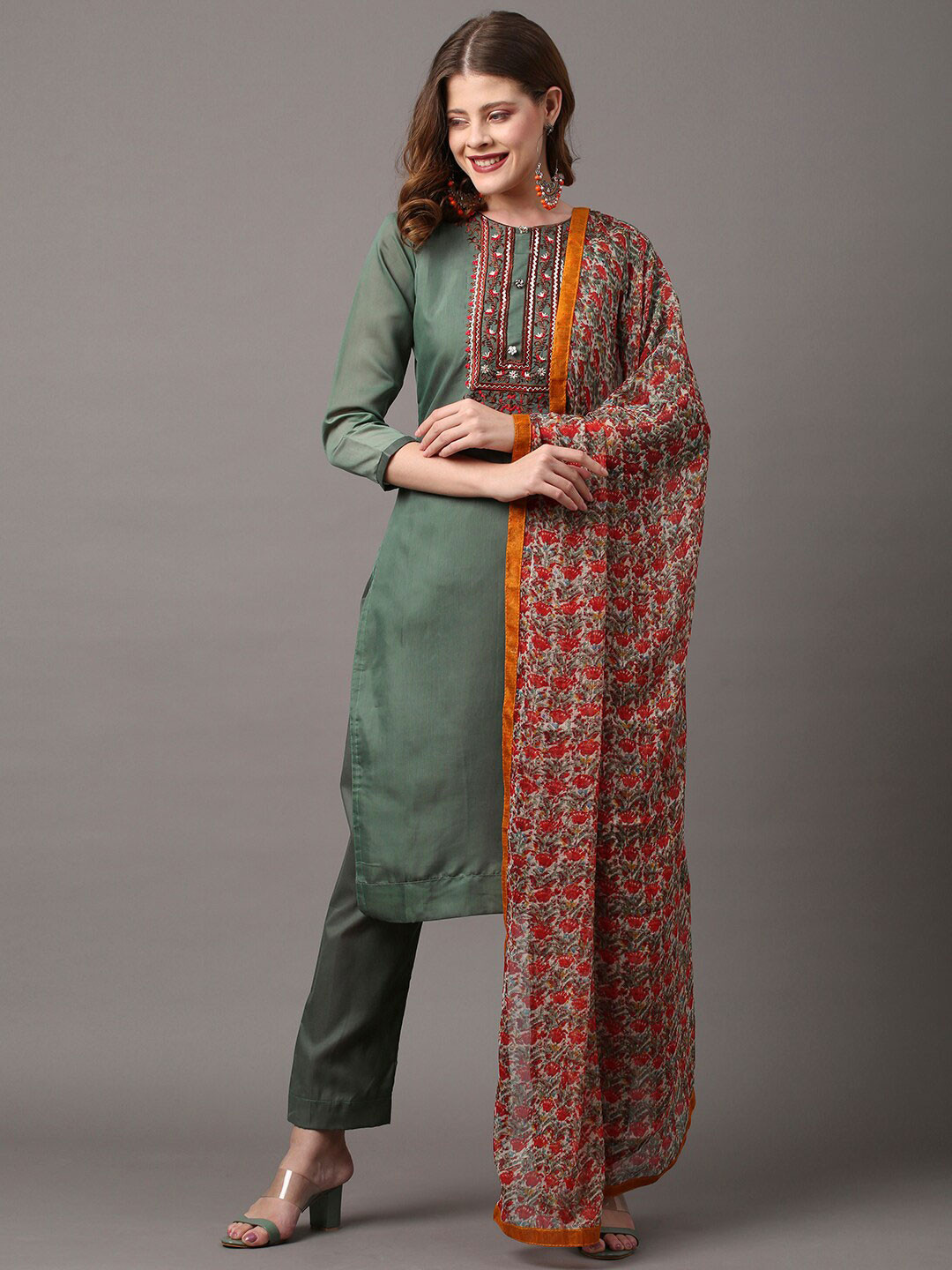 

Saree mall Olive Green & Red Embroidered Unstitched Dress Material