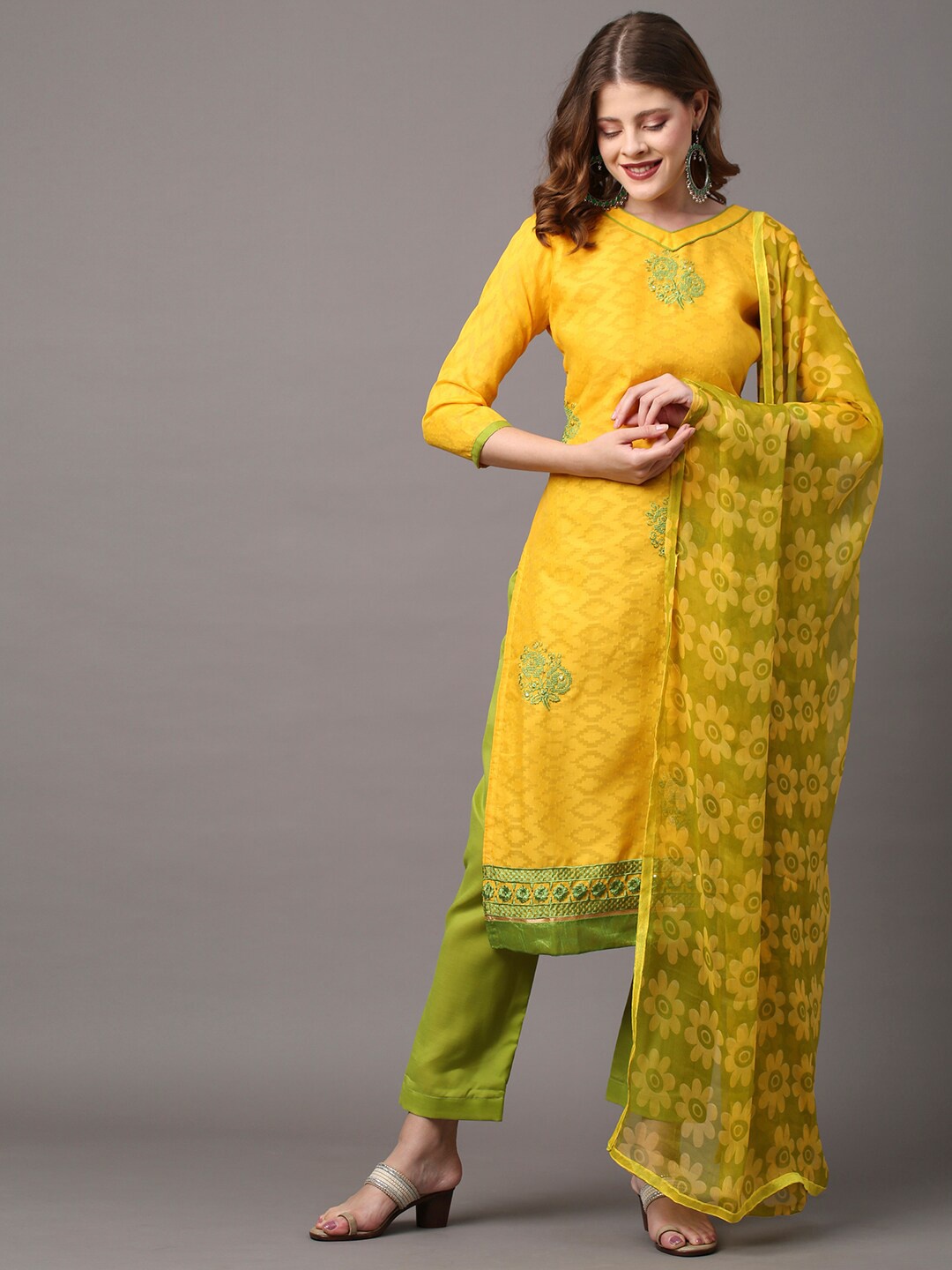 

Saree mall Yellow & Green Embroidered Unstitched Dress Material