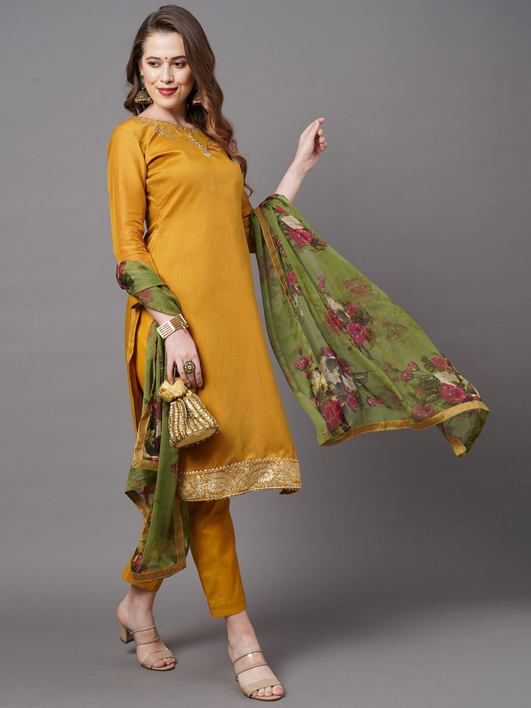 

Saree mall Mustard & Green Embroidered Unstitched Dress Material