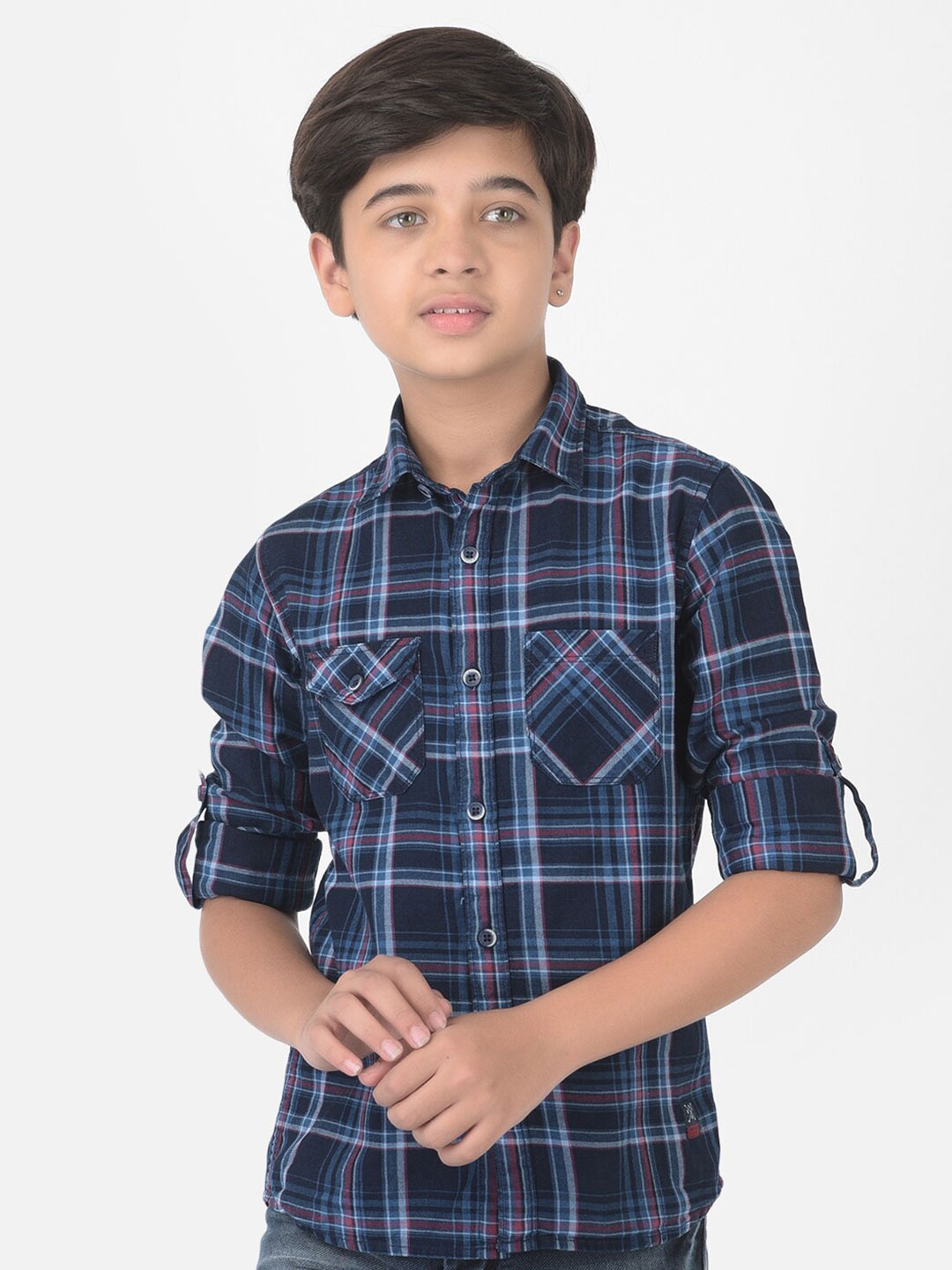 

Crimsoune Club Boys Navy Blue Slim Fit Tartan Checks Casual Shirt