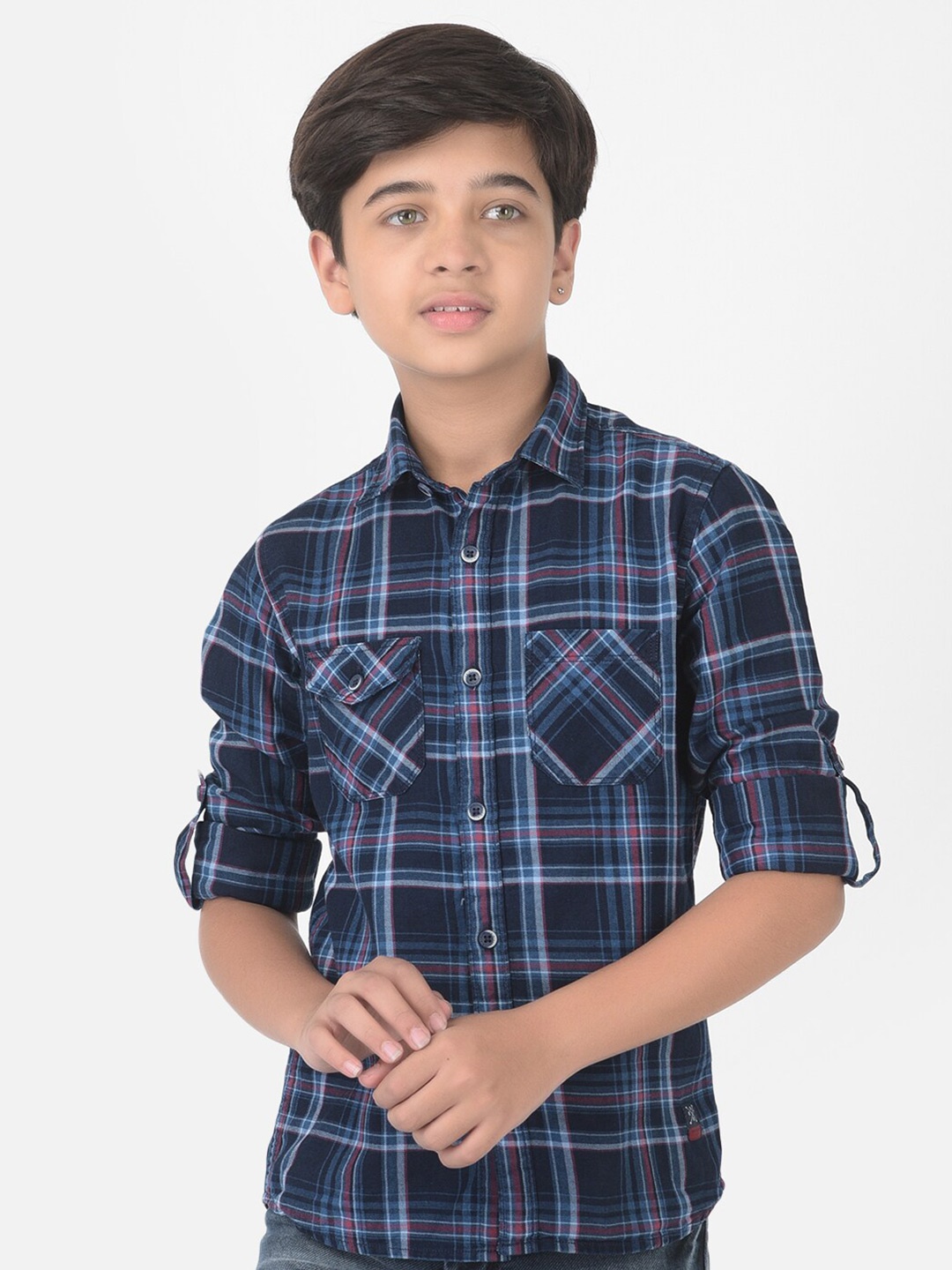 

Crimsoune Club Boys Navy Blue Slim Fit Tartan Checks Casual Shirt