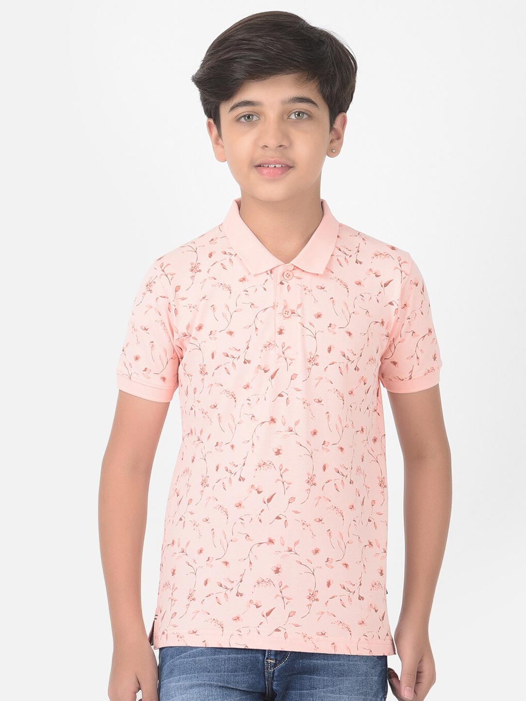 

Crimsoune Club Boys Pink Floral Printed Polo T-shirt