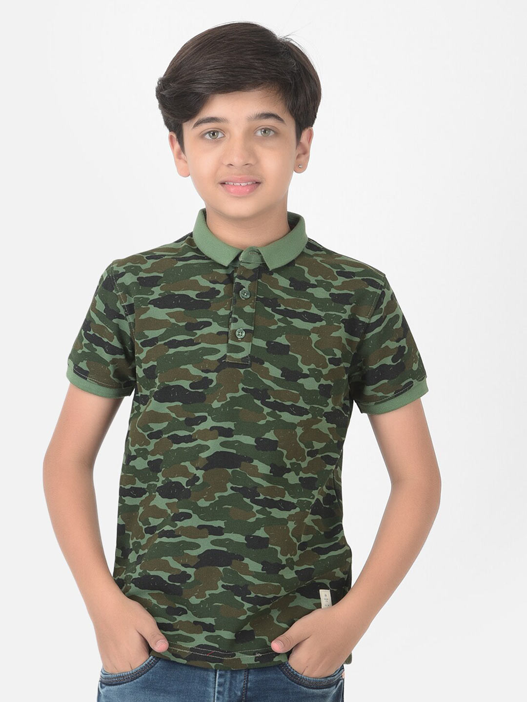 

Crimsoune Club Boys Green Camouflage Printed Polo T-shirt