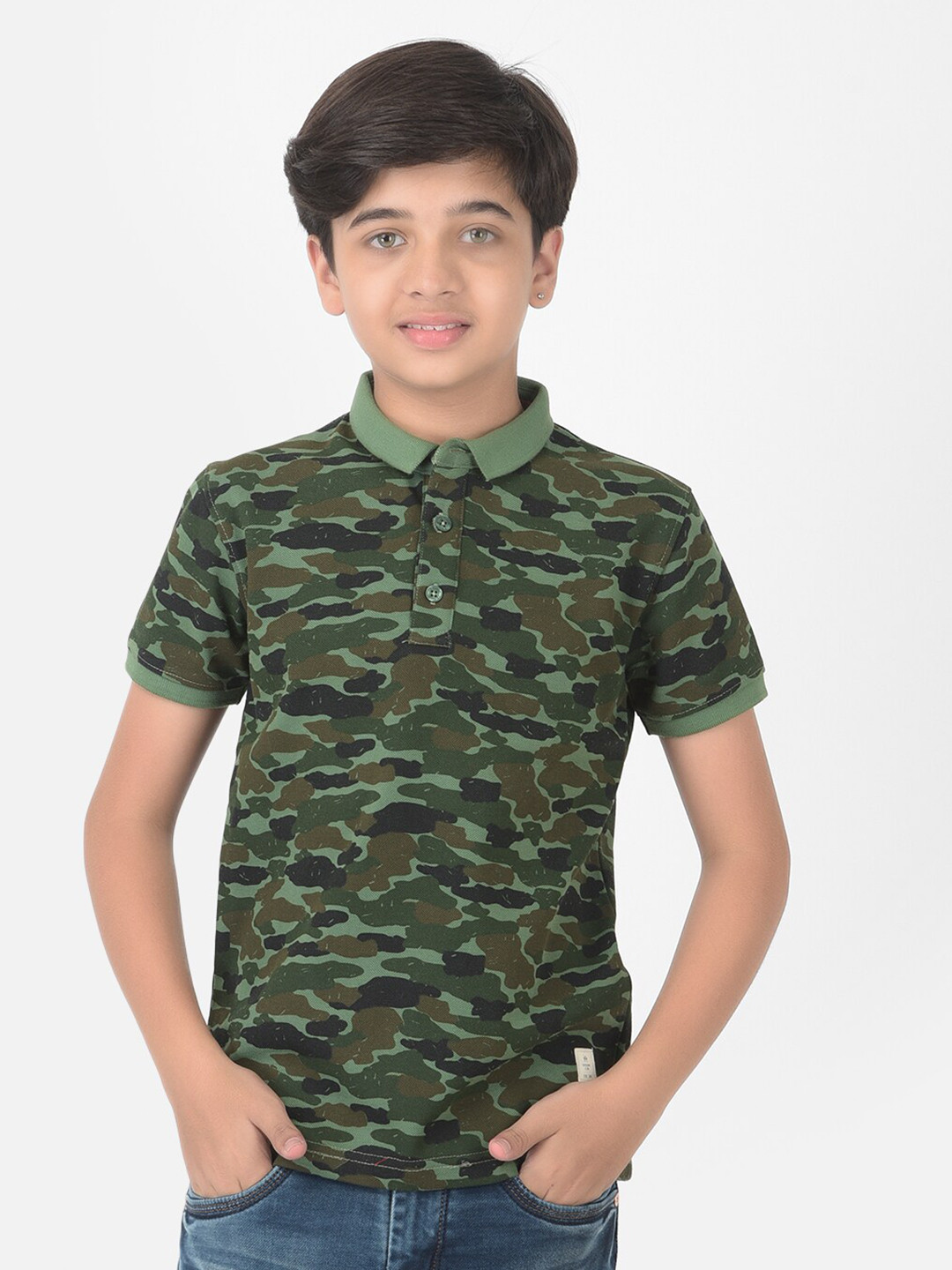 

Crimsoune Club Boys Green Camouflage Printed Polo T-shirt