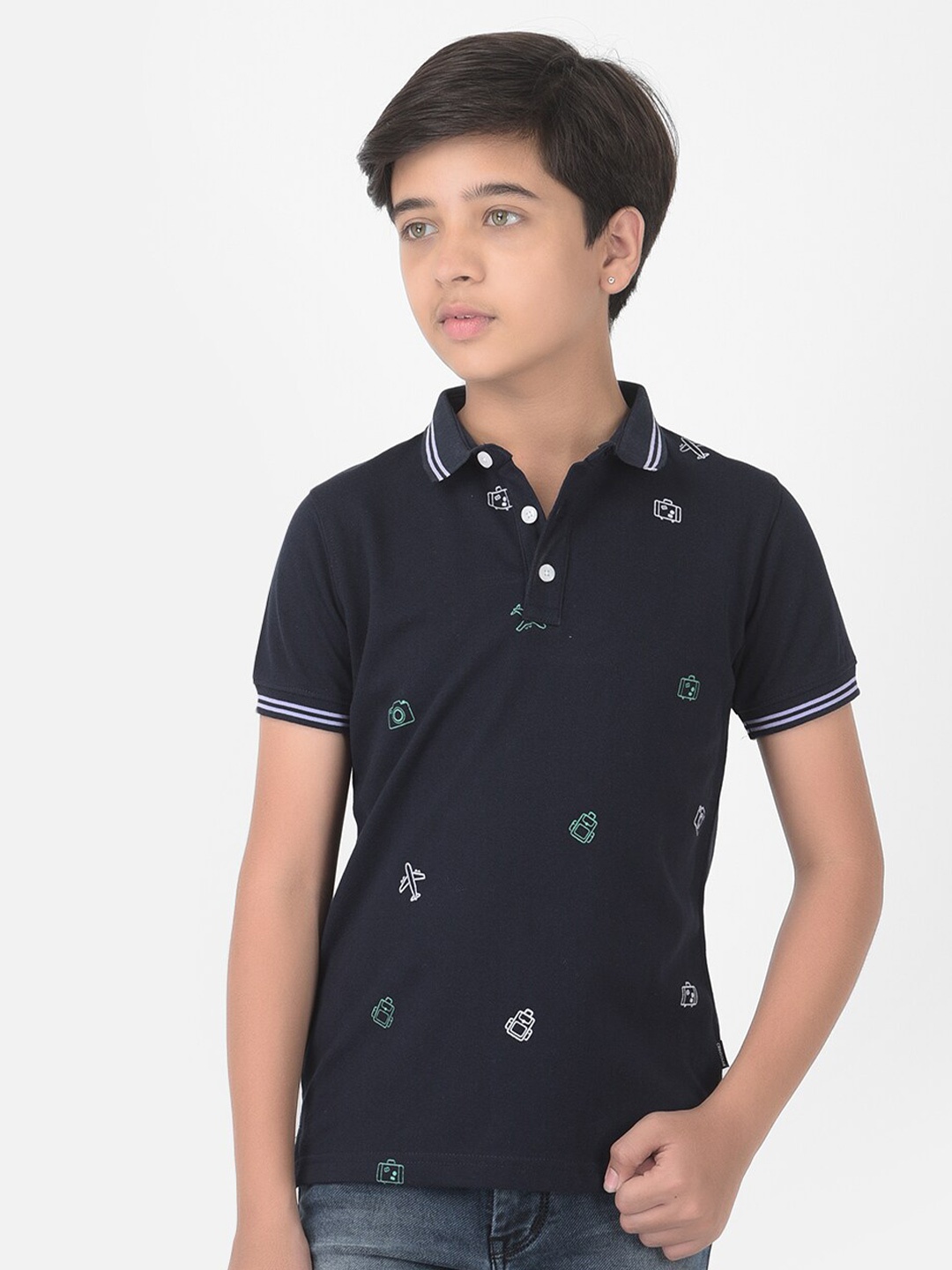 

Crimsoune Club Boys Navy Blue Printed Polo Collar Slim Fit T-shirt