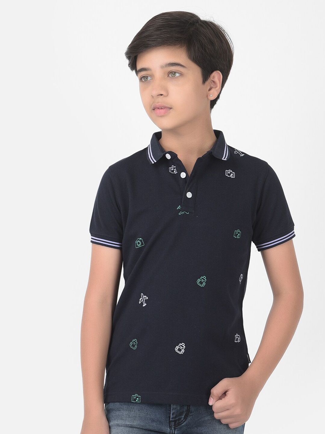 

Crimsoune Club Boys Navy Blue Printed Polo Collar Slim Fit T-shirt