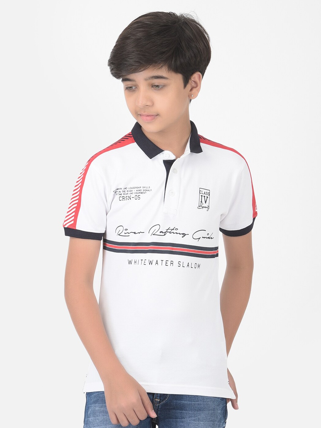 

Crimsoune Club Boys White Typography Printed Polo Collar Slim Fit T-shirt