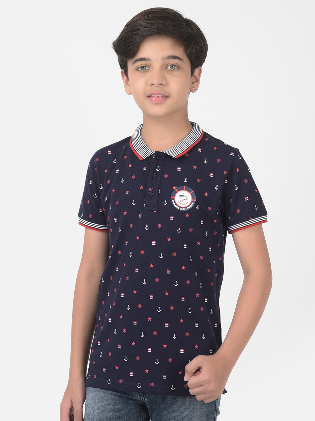 

Crimsoune Club Boys Navy Blue Printed Polo Collar Applique Slim Fit T-shirt