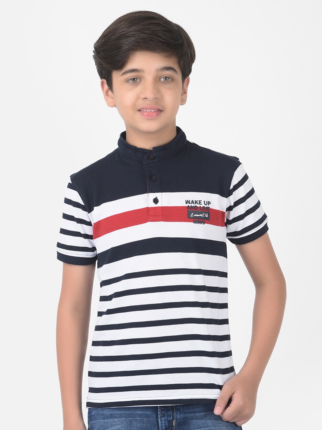 

Crimsoune Club Boys White Striped Mandarin Collar Slim Fit T-shirt