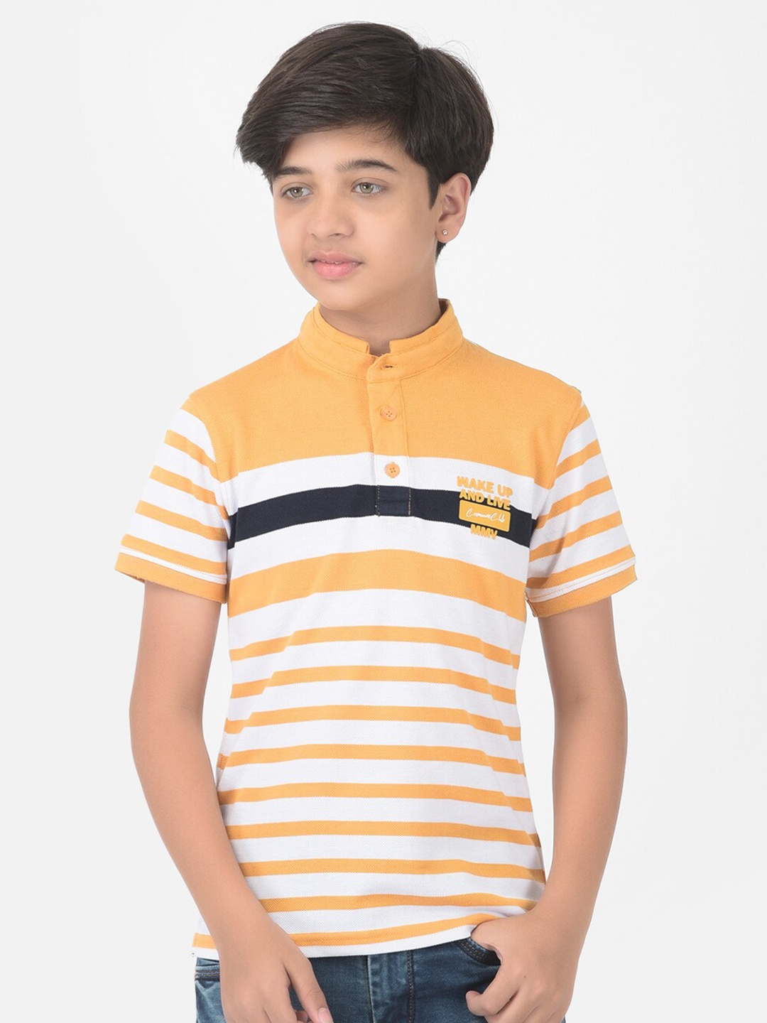 

Crimsoune Club Boys Yellow Striped Mandarin Collar Slim Fit T-shirt