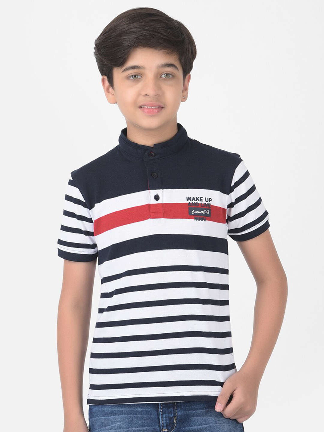 

Crimsoune Club Boys White Striped Mandarin Collar Slim Fit T-shirt