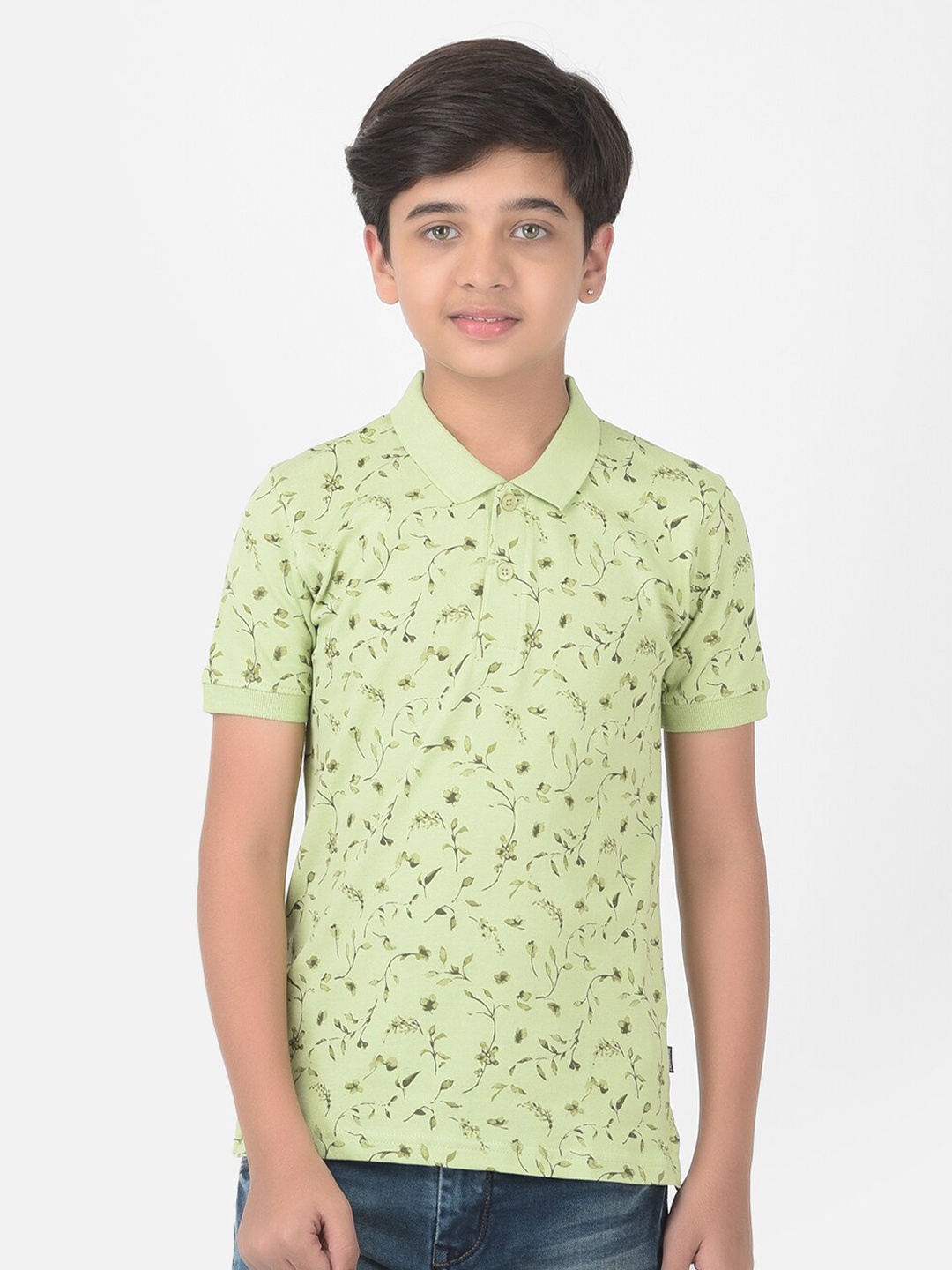 

Crimsoune Club Boys Green Floral Printed Polo T-shirt
