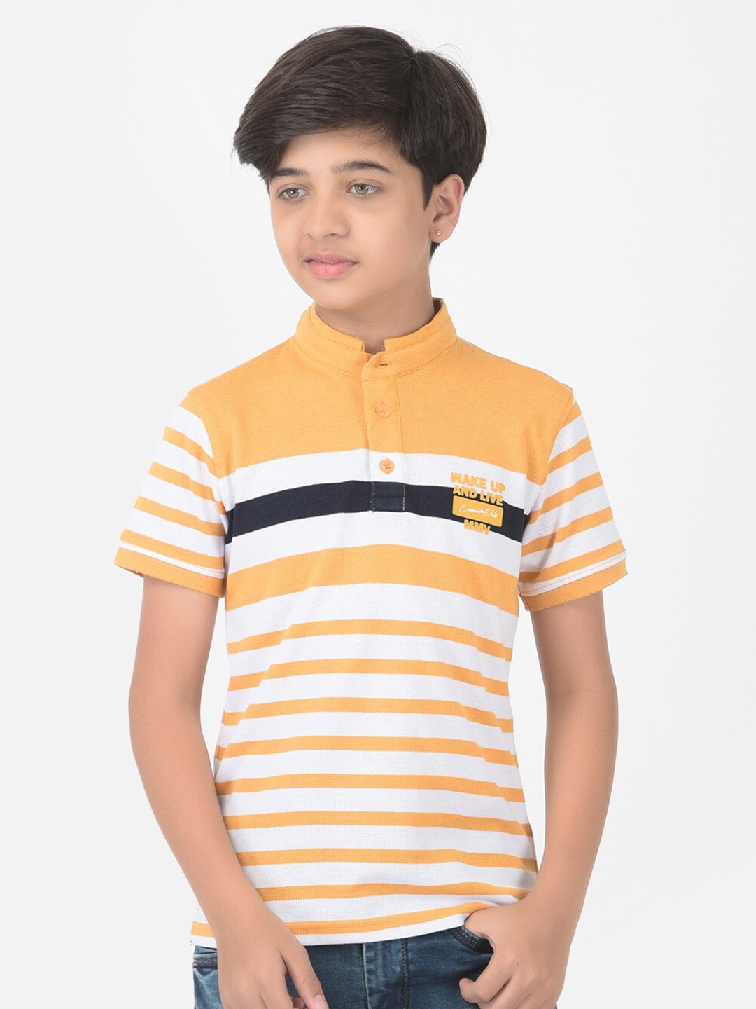 

Crimsoune Club Boys Yellow Striped Mandarin Collar Slim Fit T-shirt