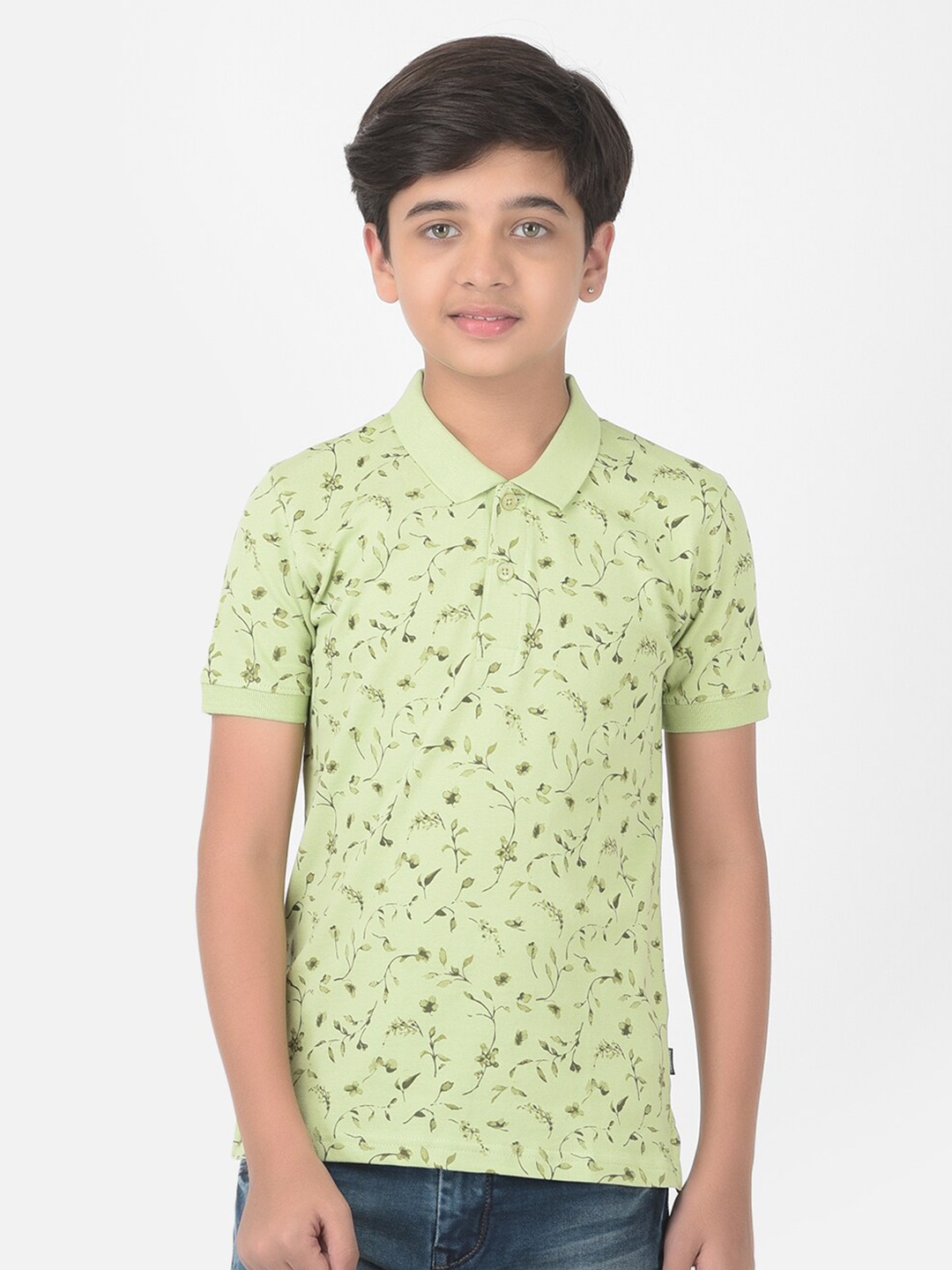 

Crimsoune Club Boys Green Floral Printed Polo T-shirt