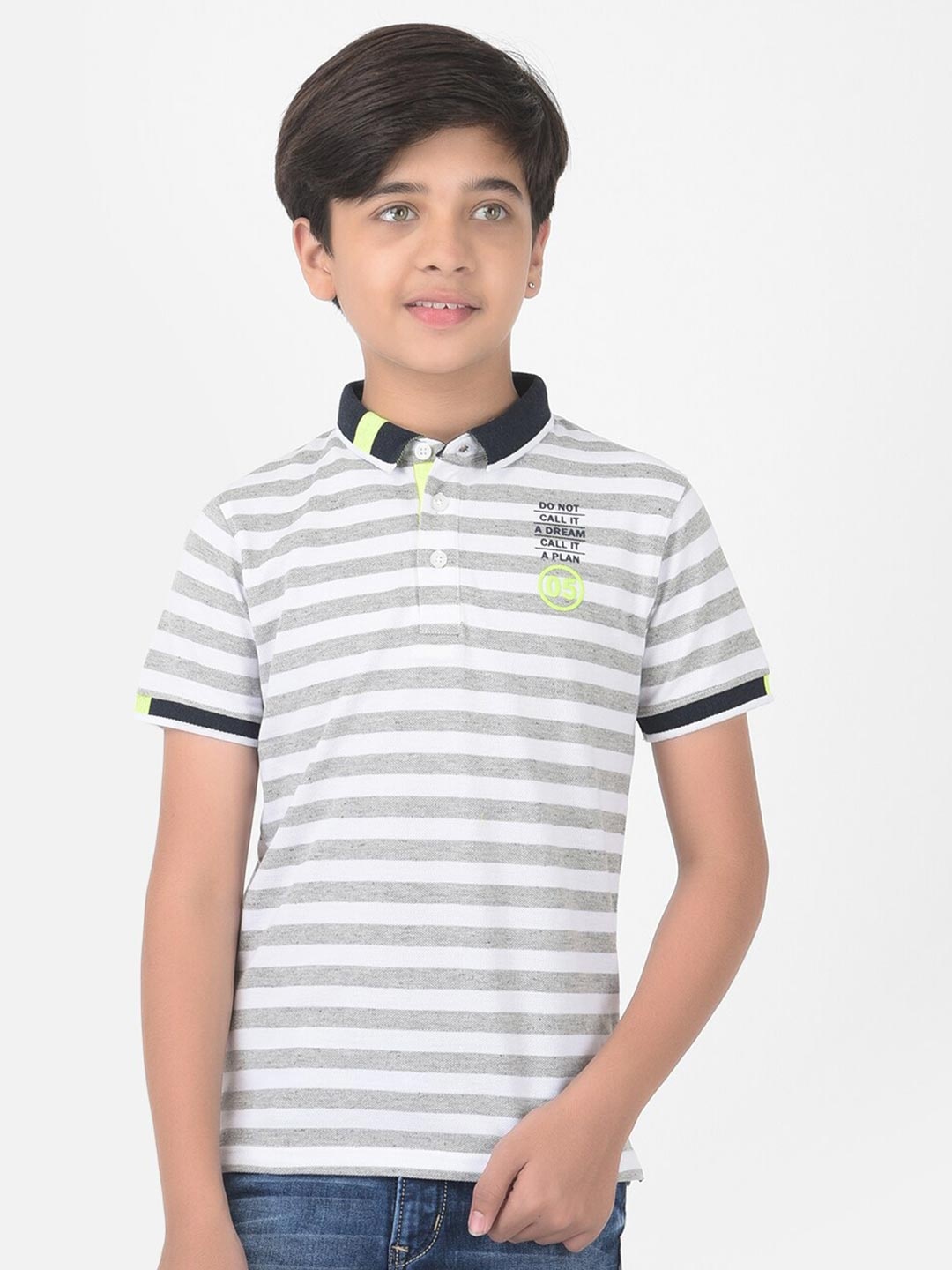 

Crimsoune Club Boys Grey Striped Polo Collar Slim Fit T-shirt