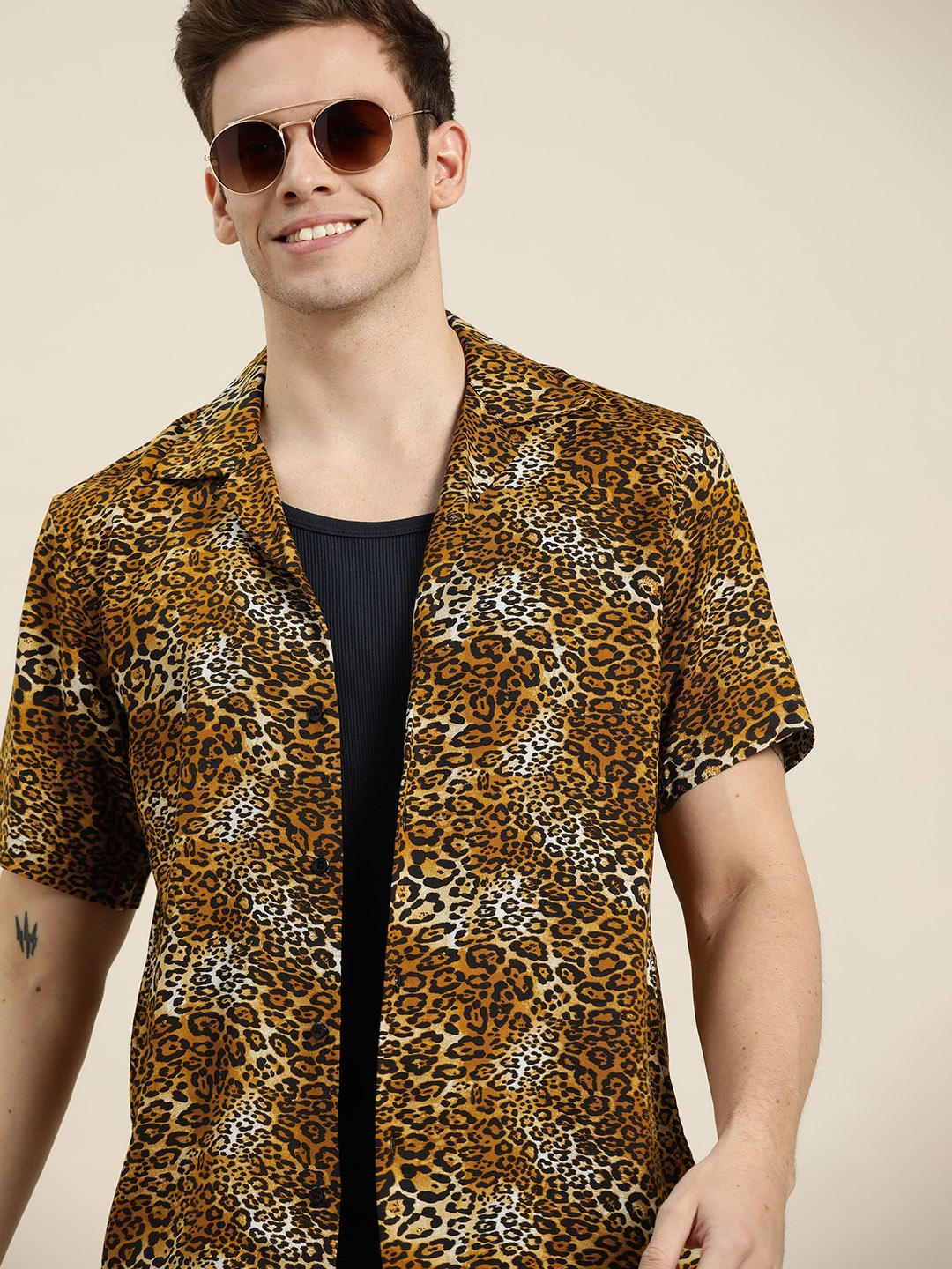 

Hancock Men Mustard Yellow & Black Leopard Printed Casual Shirt