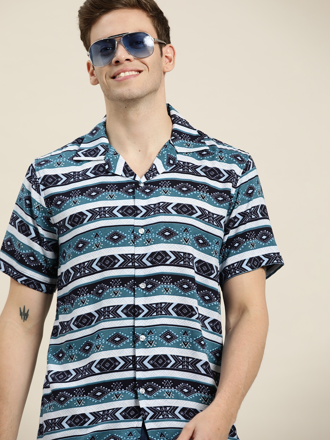

Hancock Men Blue & White Aztec Printed Relaxed Fit Casual Shirt