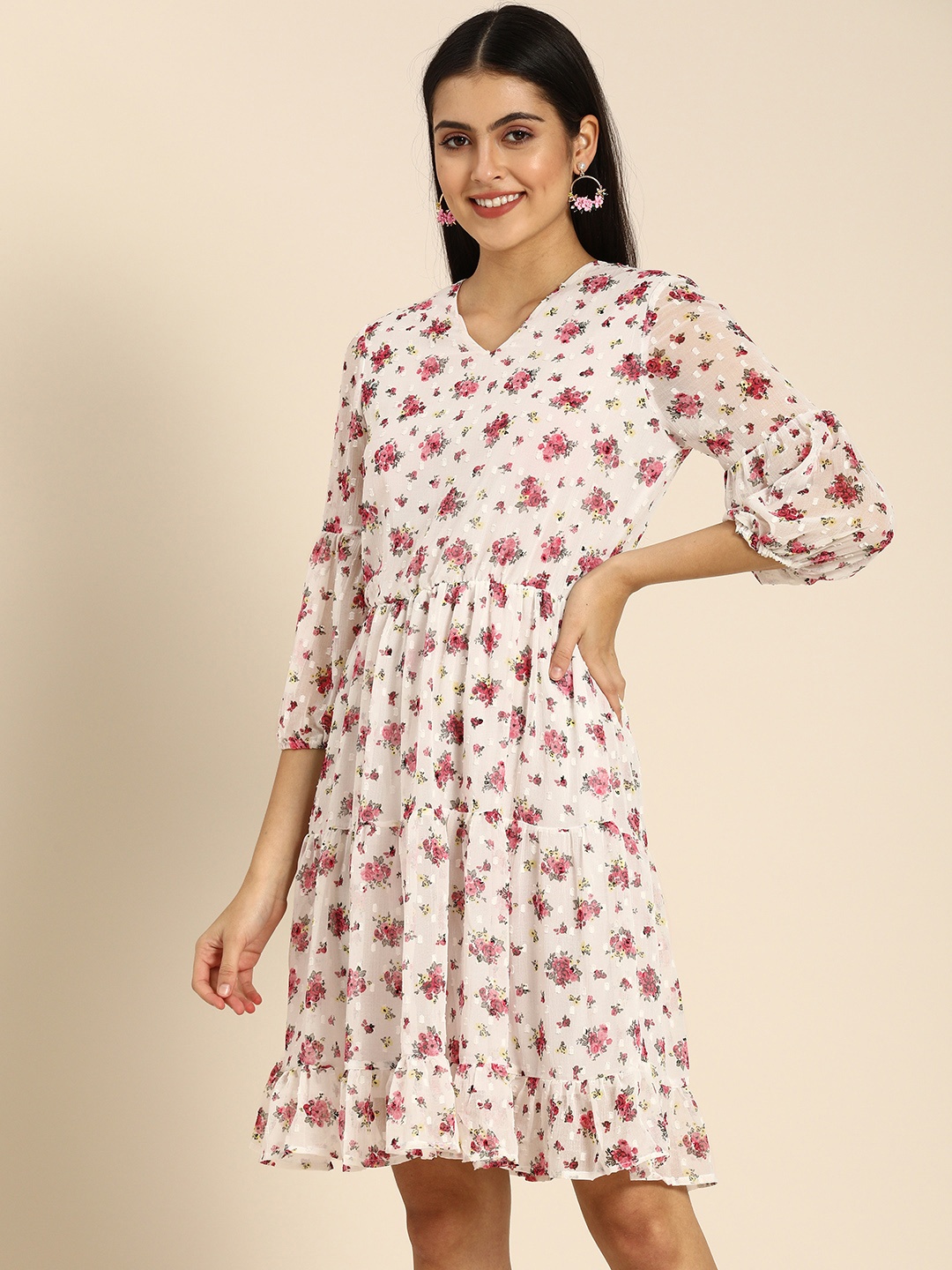 

DODO & MOA White & Pink Floral Print Georgette A-Line Dress