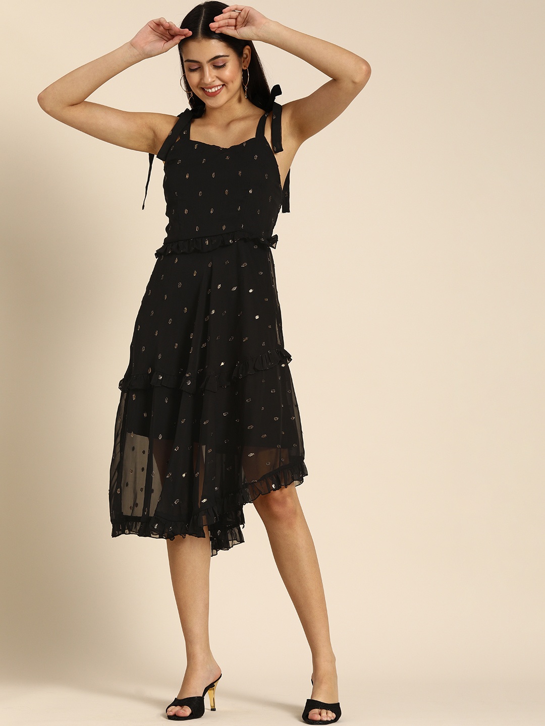 

DODO & MOA Black & Golden Woven Design Georgette A-Line Midi Dress