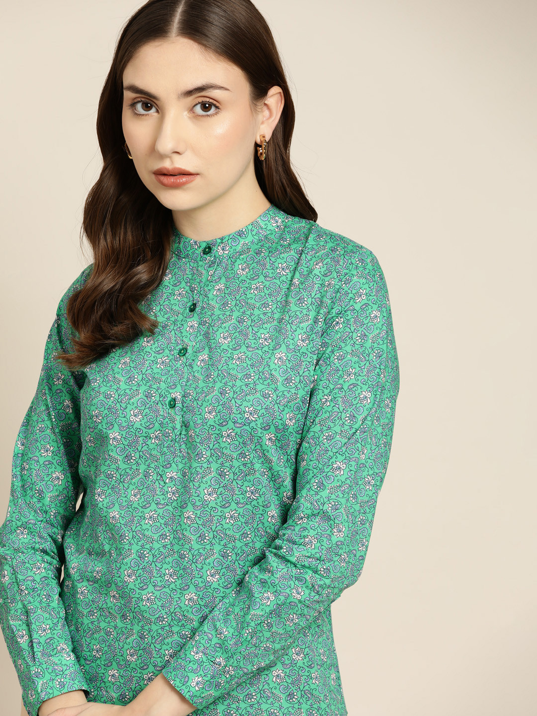 

Hancock Green Floral Print Mandarin Collar Shirt Style Top