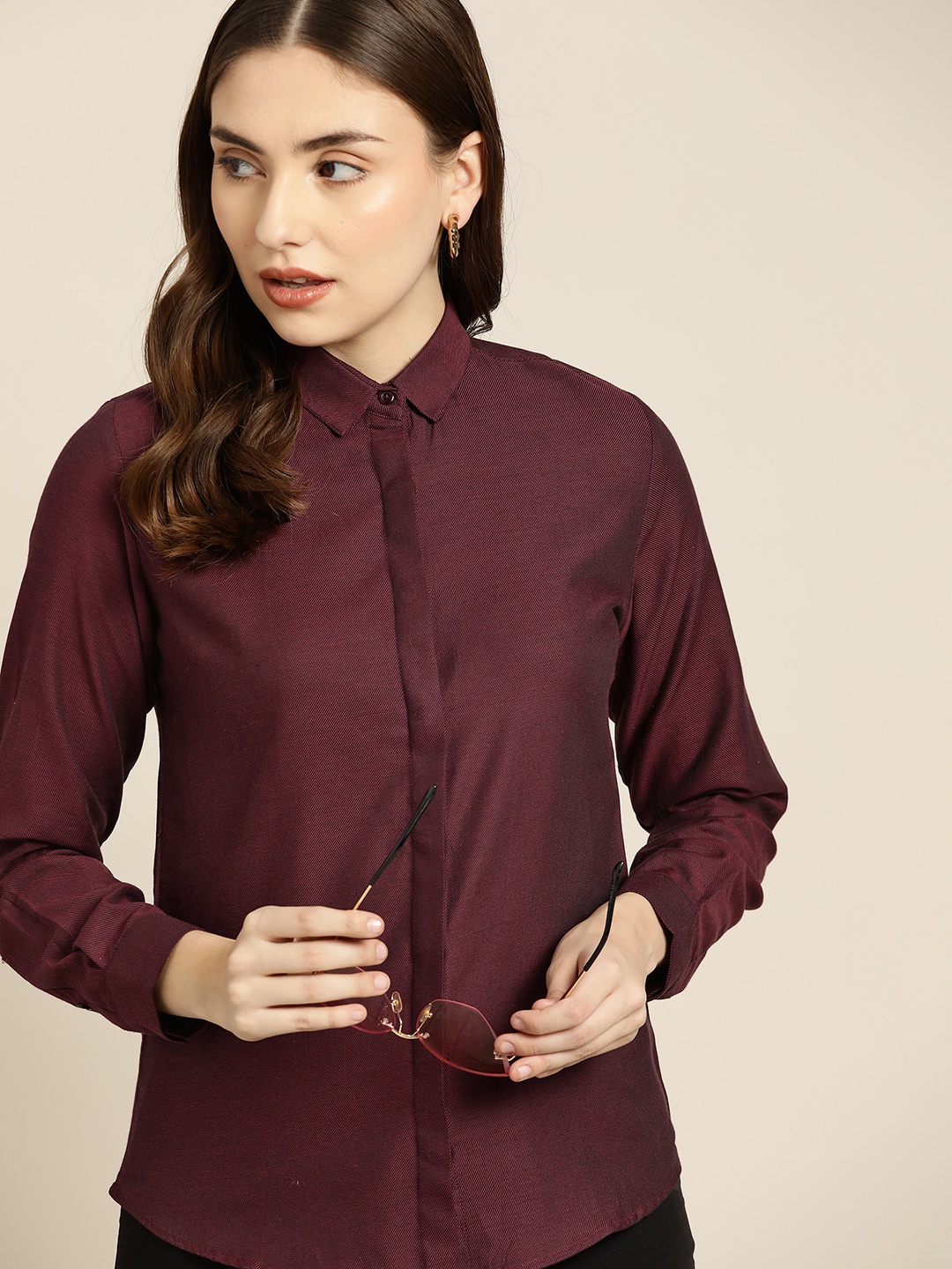 

Hancock Women Burgundy Slim Fit Pure Cotton Casual Shirt