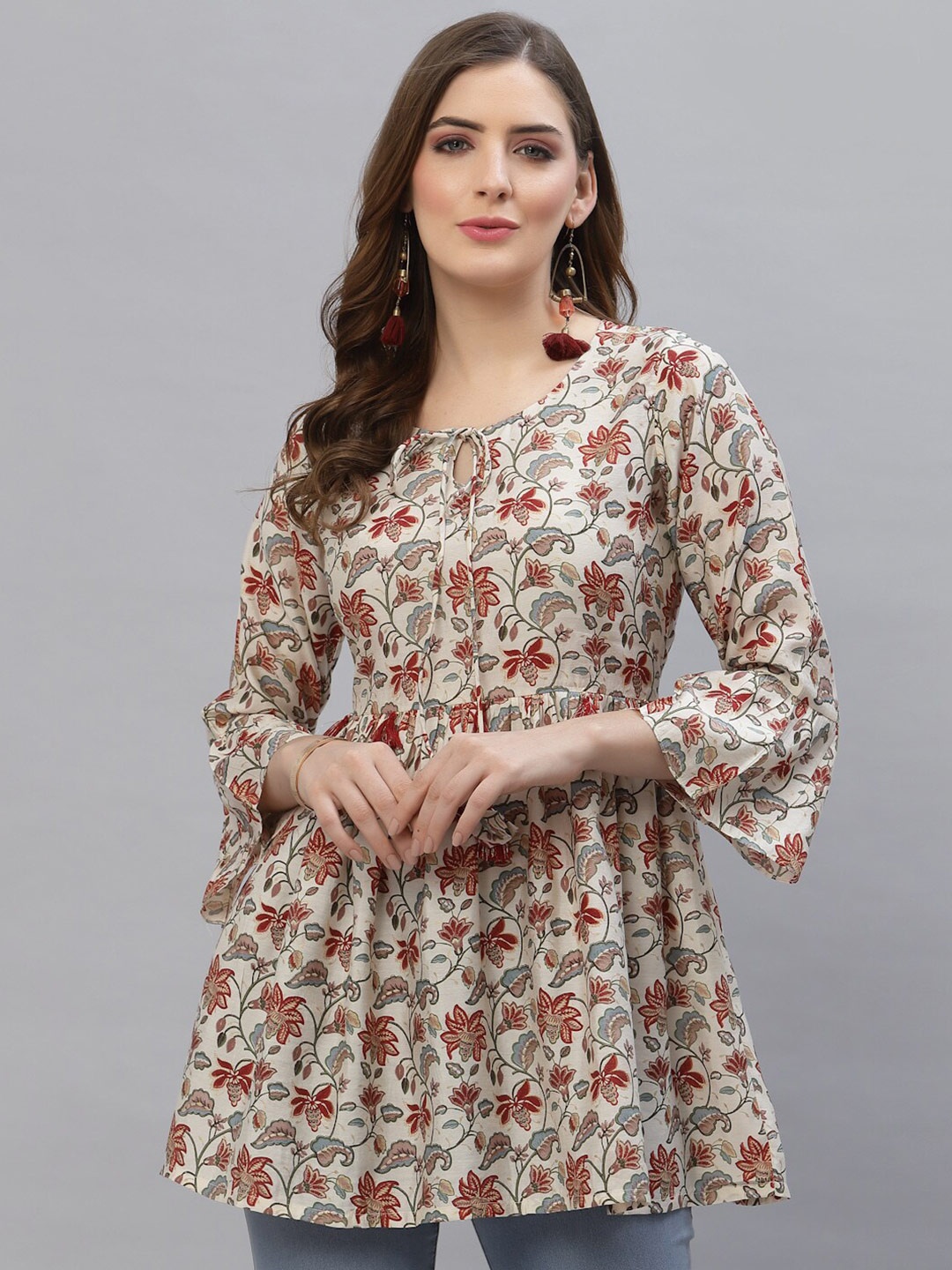 

TANKHI Cream-Coloured & Red Modal Printed Tunic