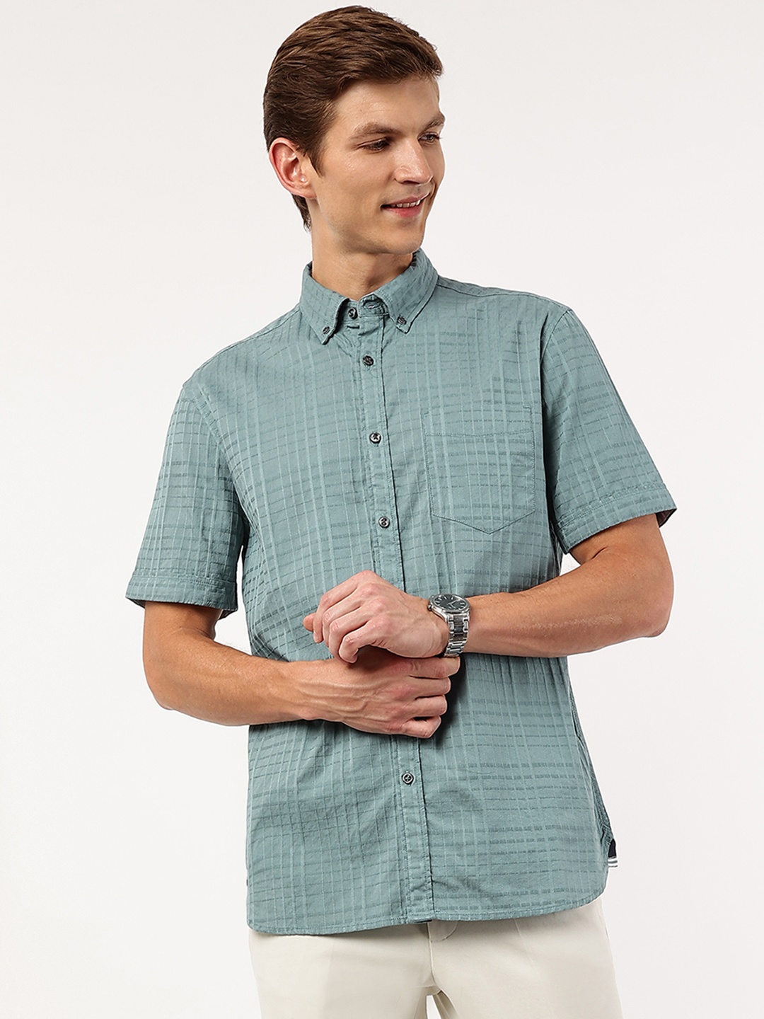 

Marks & Spencer Men Teal Green Pure Cotton Self Checked Casual Shirt