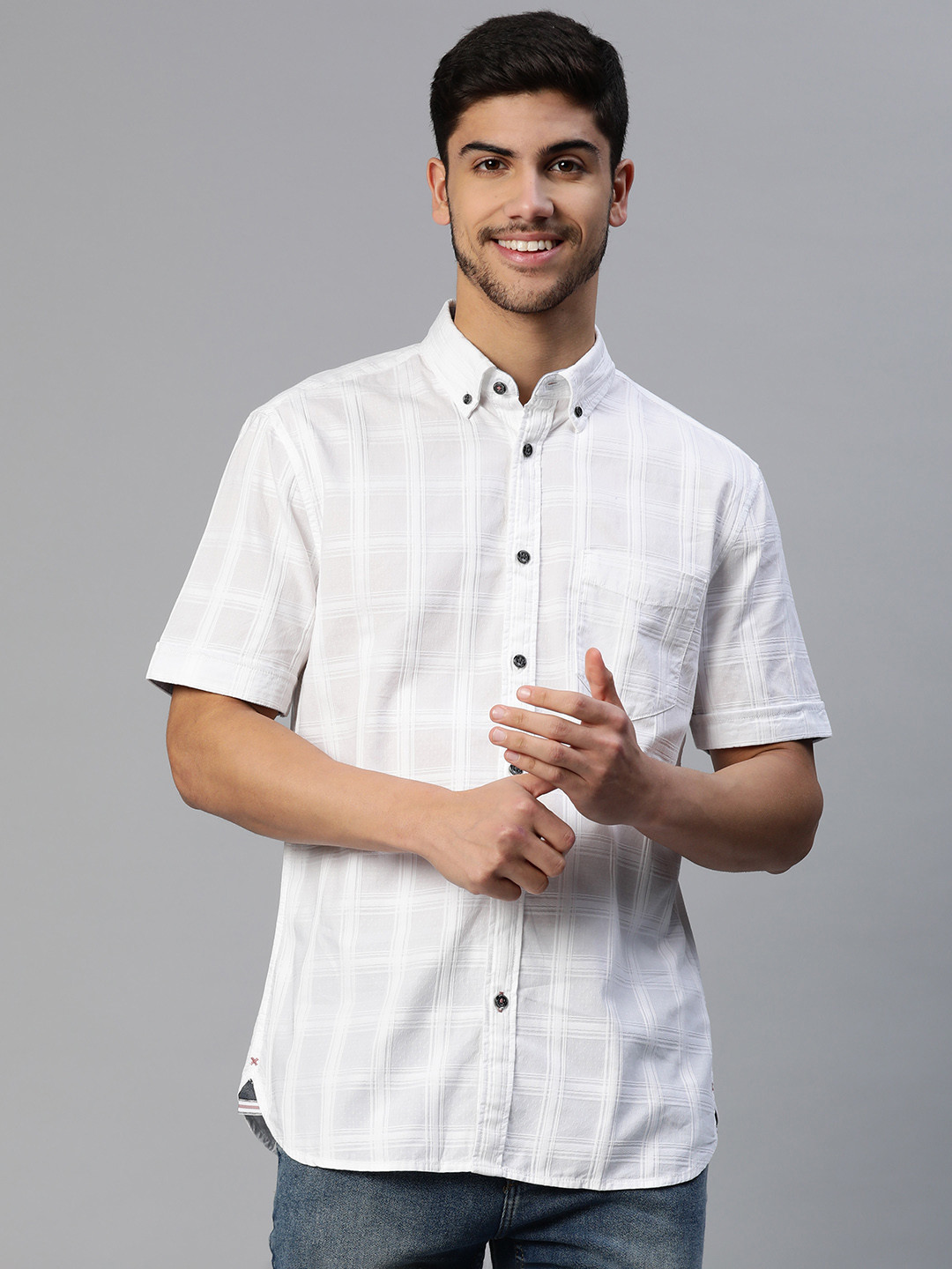 

Marks & Spencer Men Dobby Woven Checked Cotton Casual Shirt, White