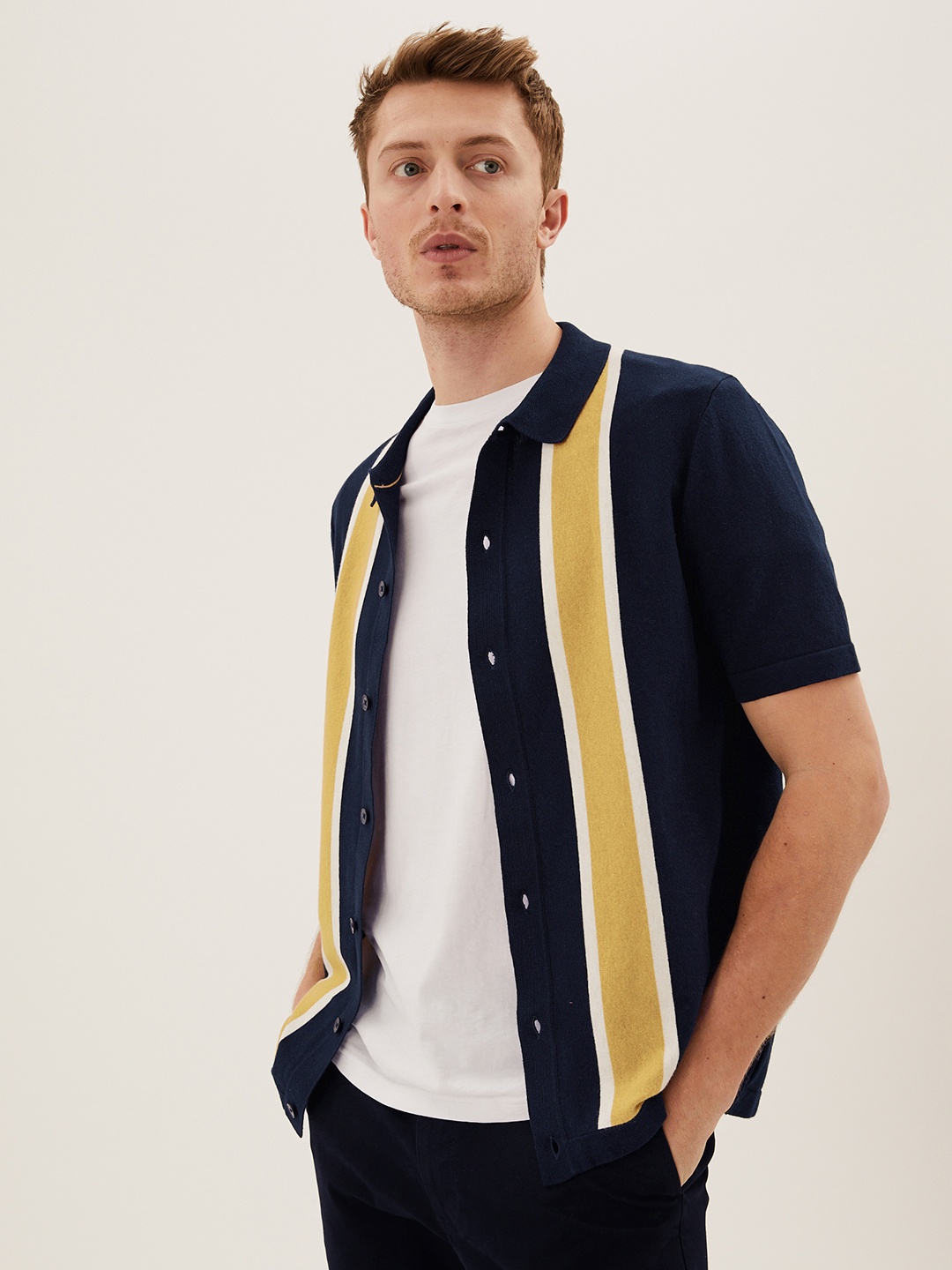 

Marks & Spencer Men Navy Blue & Mustard Yellow Striped Polo Collar T-shirt