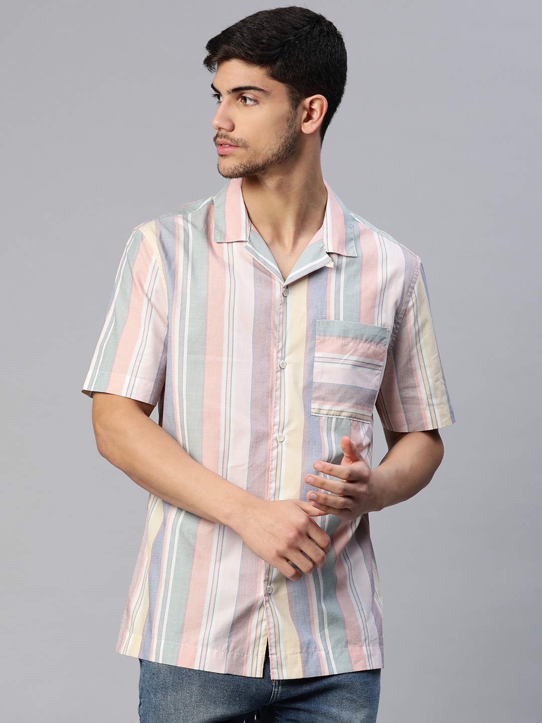 

Marks & Spencer Men Cuban Collar Striped Pure Cotton Casual Shirt, Pink