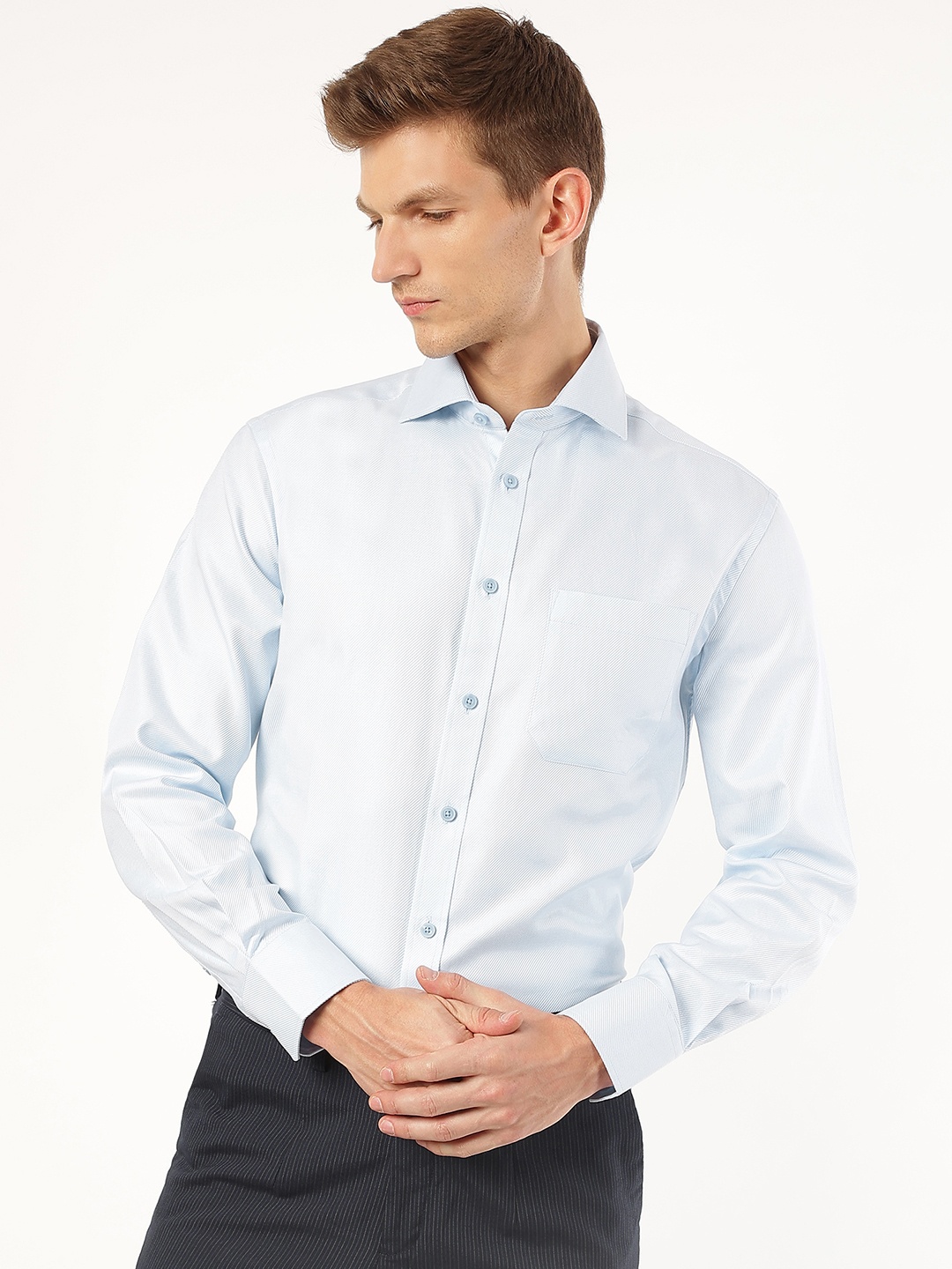 

Marks & Spencer Men Blue Striped Pure Cotton Formal Shirt